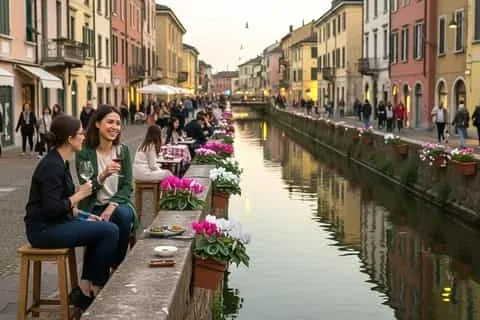 People sitting on stools by a canal lined with colorful buildings, with pink flowers on the edge, in a lively outdoor area