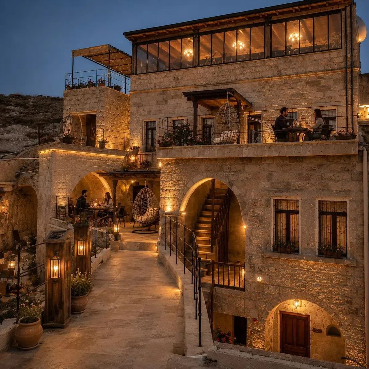 A multi-level stone building at dusk with outdoor seating, hanging egg chairs, and warm lighting, where people are dining and conversing on the terraces and under the arches.