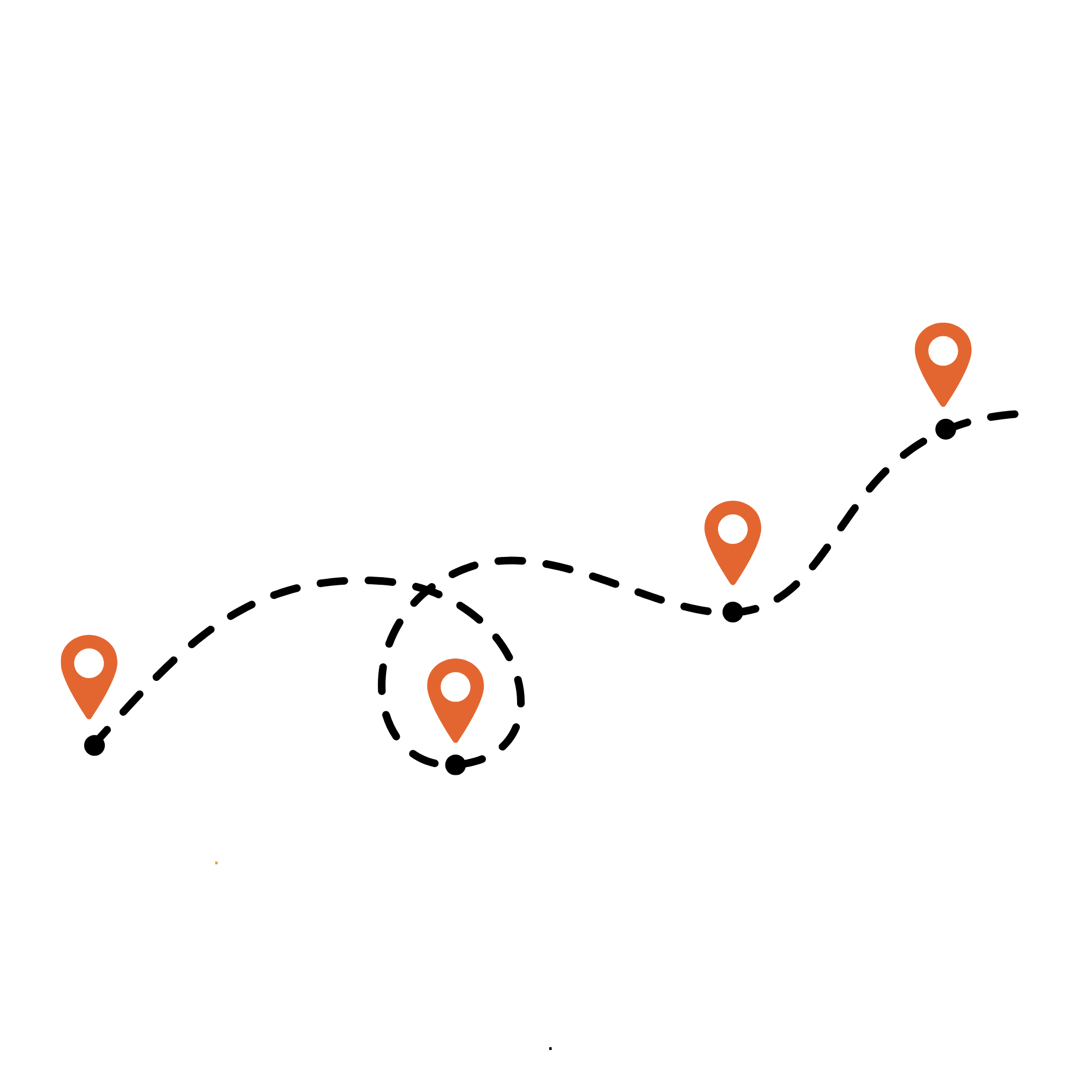A black background displaying a stylized map of the world with four orange location pins indicating different places.