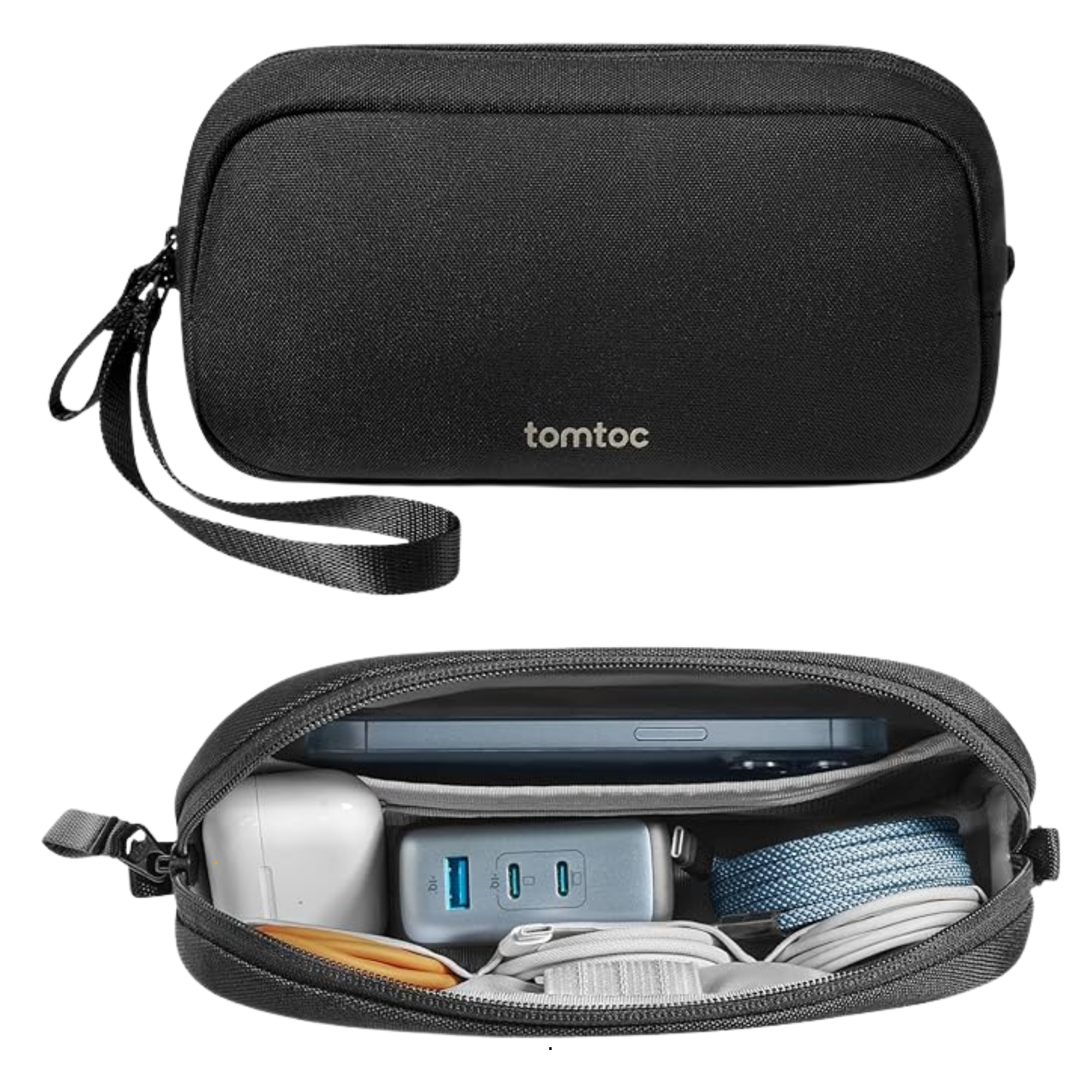 Black portable electronic accessories organizer with open zipper, showing chargers, a power strip, and cables inside, with a partially visible tablet and a blue USB drive outside.