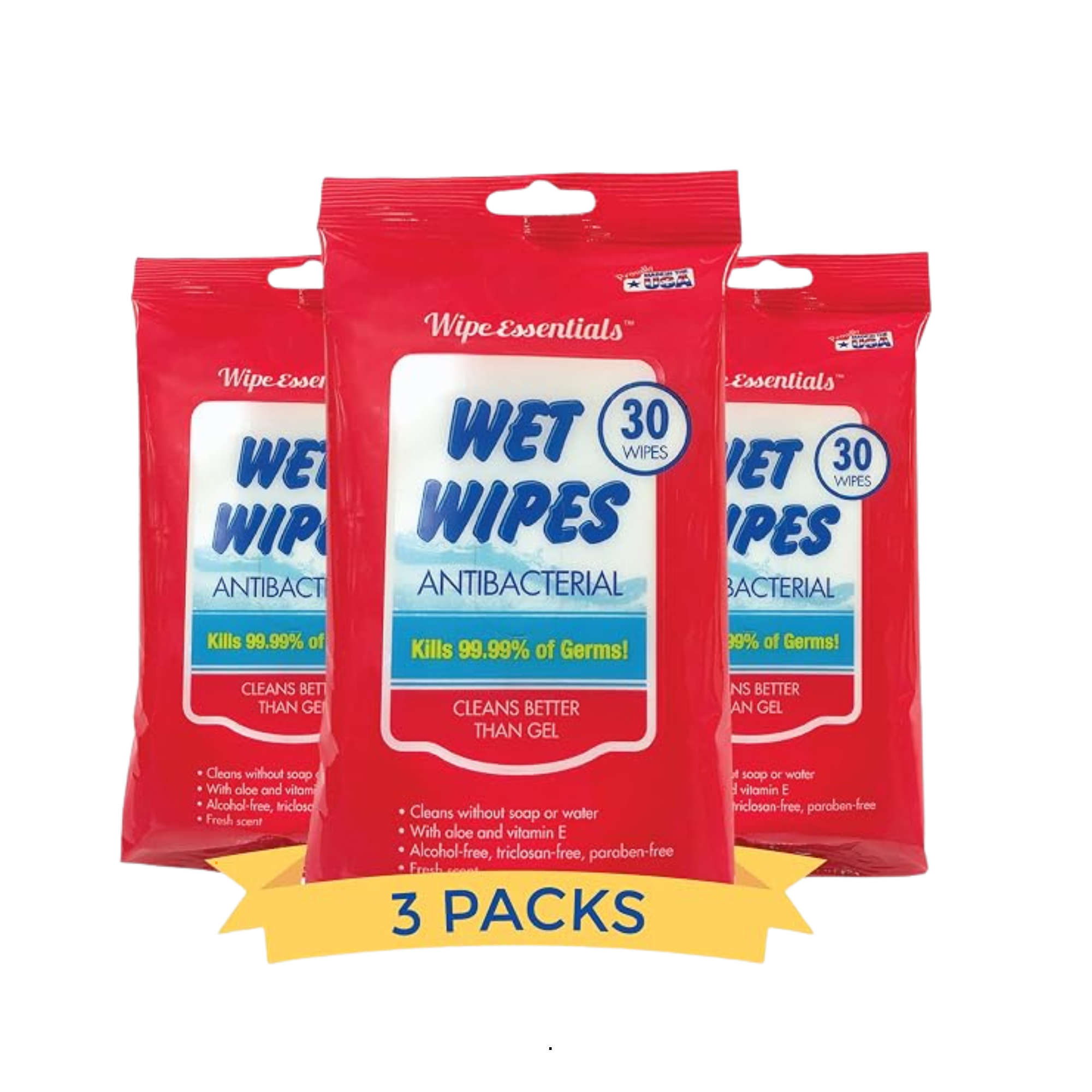 Three red packages of Wet Wipes Essentials antibacterial wipes with blue and white labeling, promoted as killing 99.99% of germs, packaged in a 3-pack.