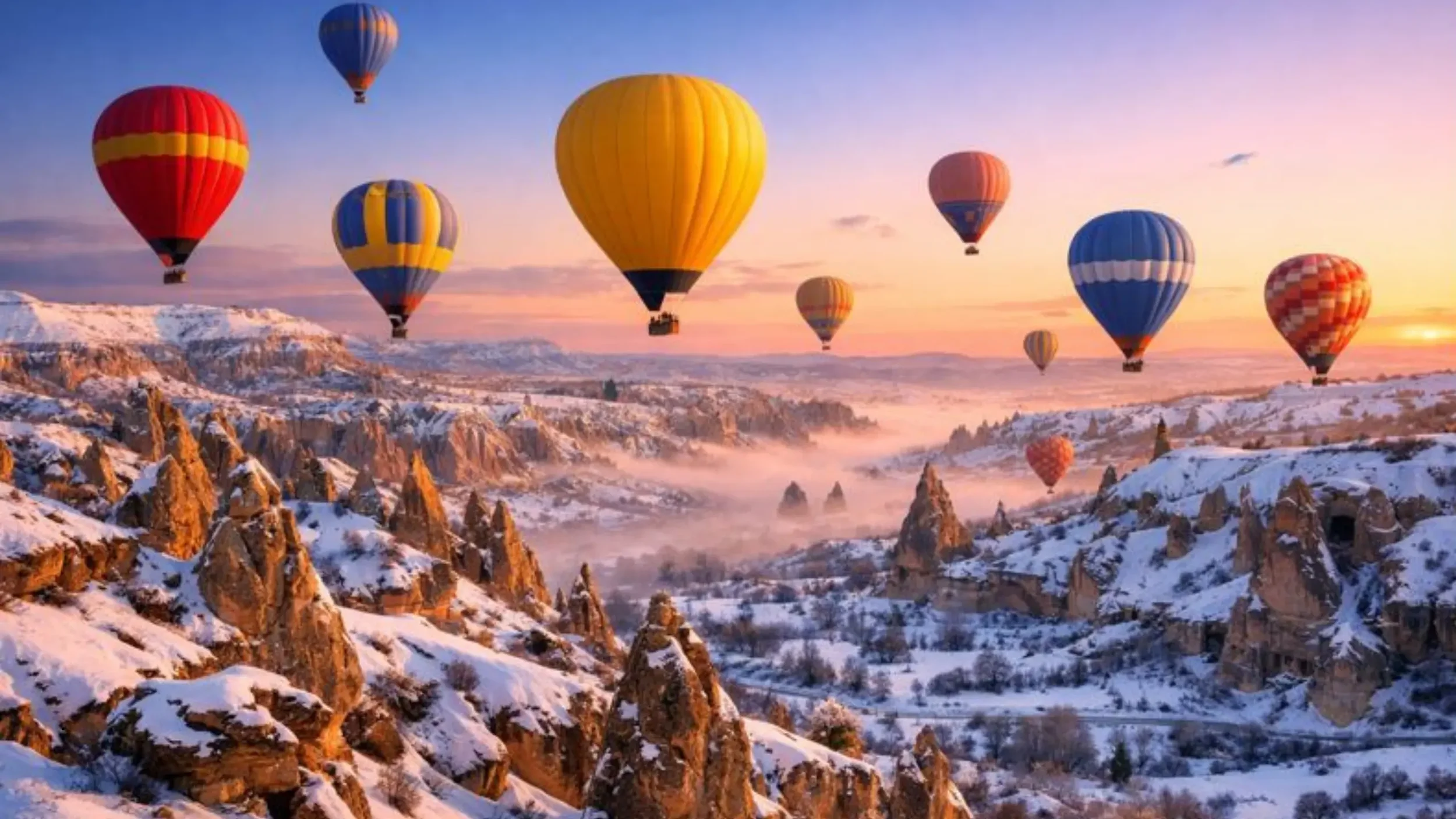 Hot air balloons over snow-covered Cappadocia fairy chimneys in winter - Turkey off-season travel