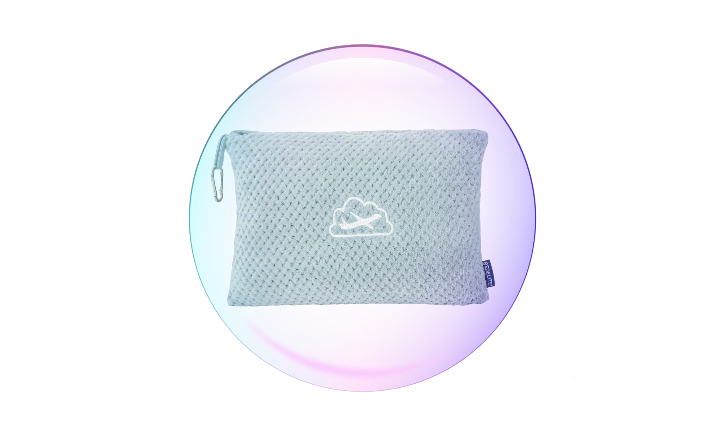 A textured white pouch with a cloud and lightning bolt logo, floating in front of a gradient circular background with black, purple, and blue hues.