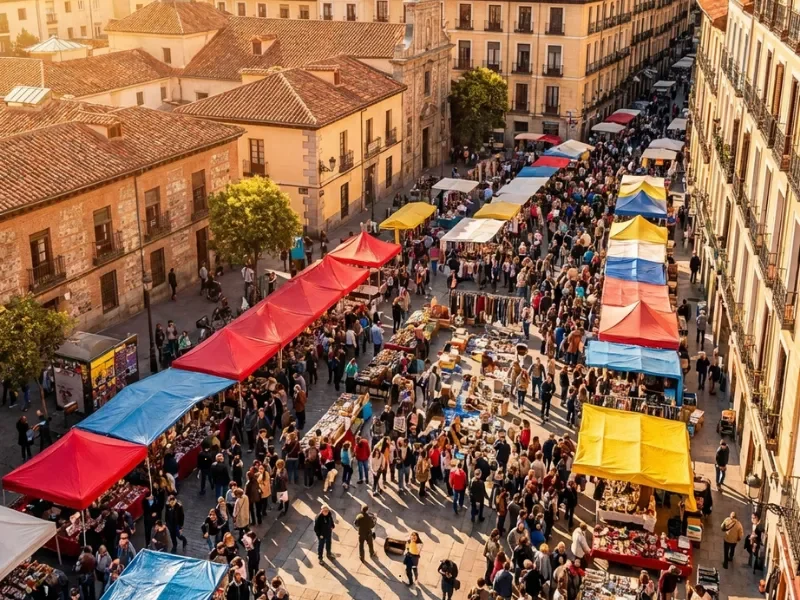 Bird's eye view of an outdoor market on a city street with colorful tents and booths, crowded with people shopping and walking.