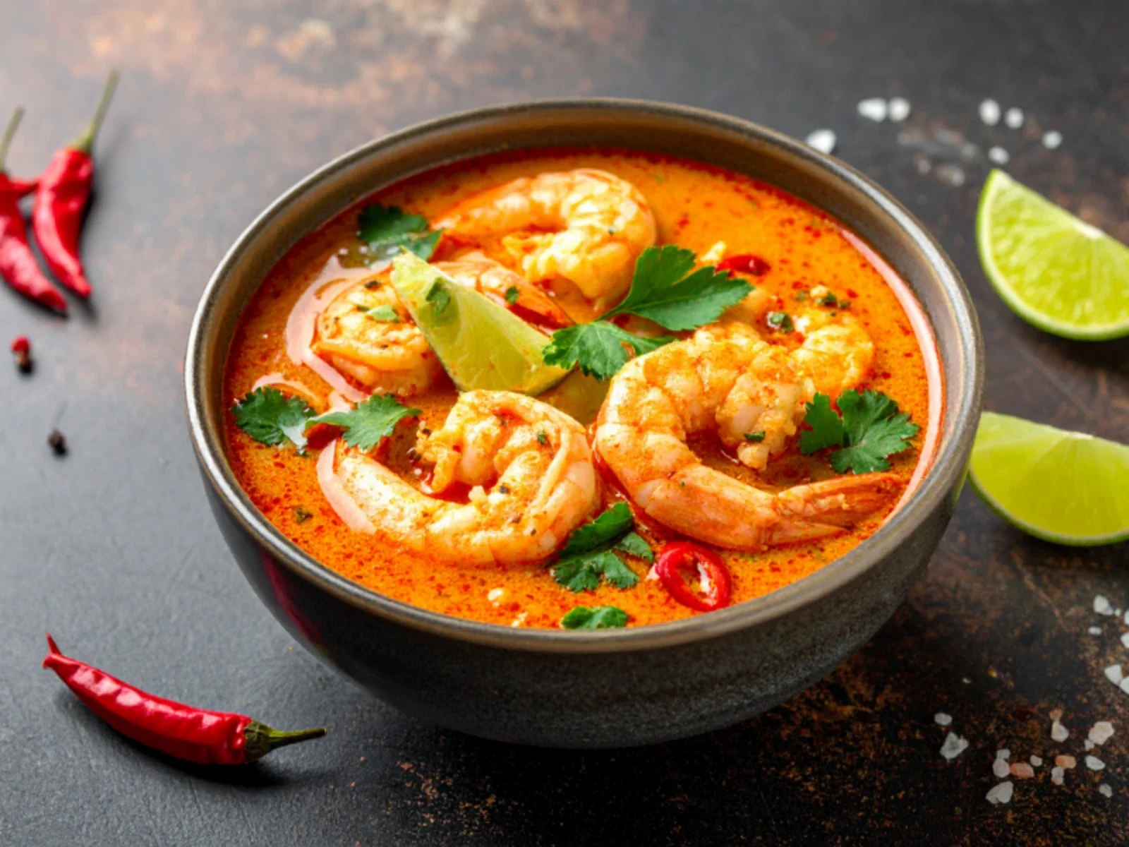 A bowl of shrimp soup garnished with cilantro and lime wedges, with dried red chili peppers on the side.