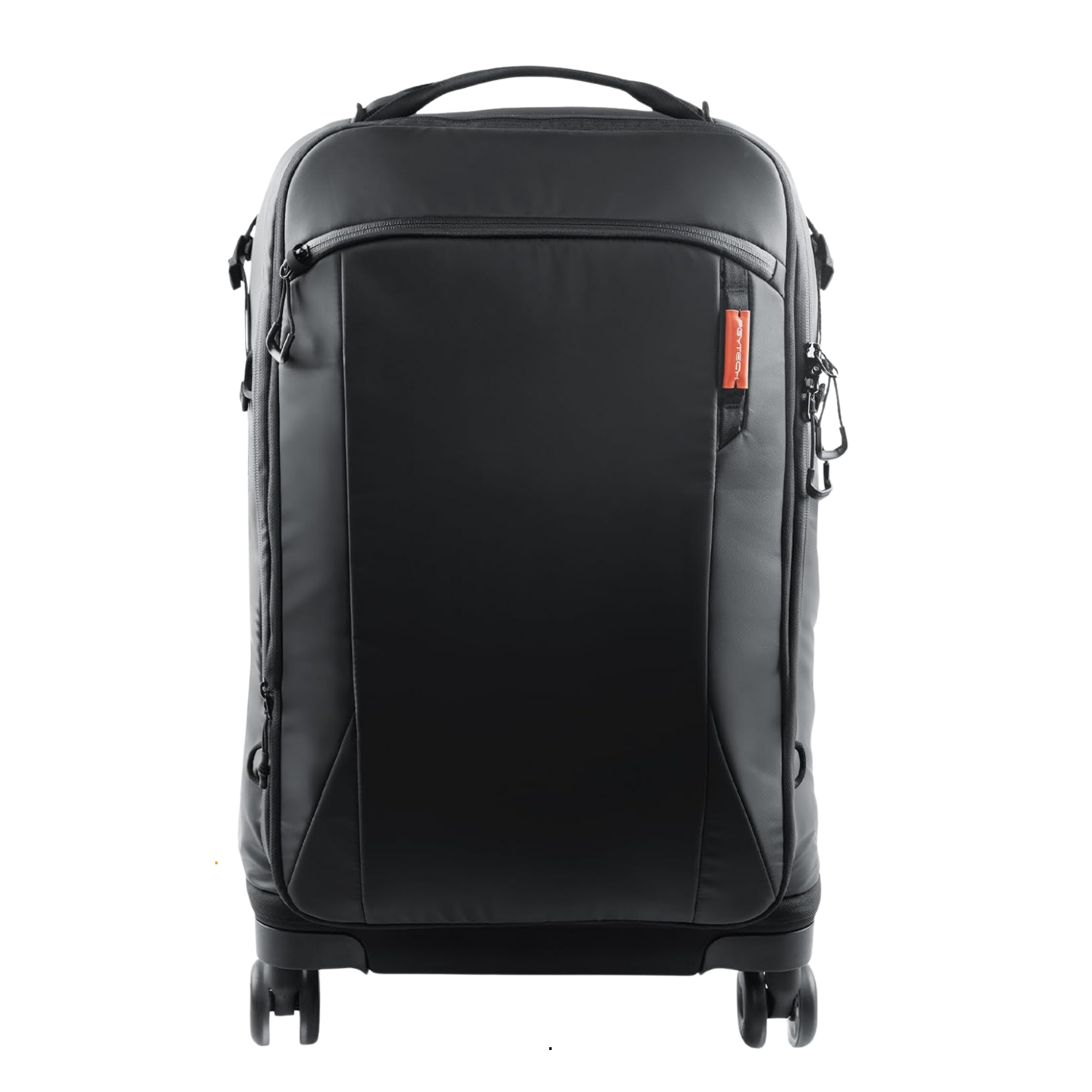 Black rolling suitcase with front zipper pocket, orange tag, and extended handle, set against a plain background.