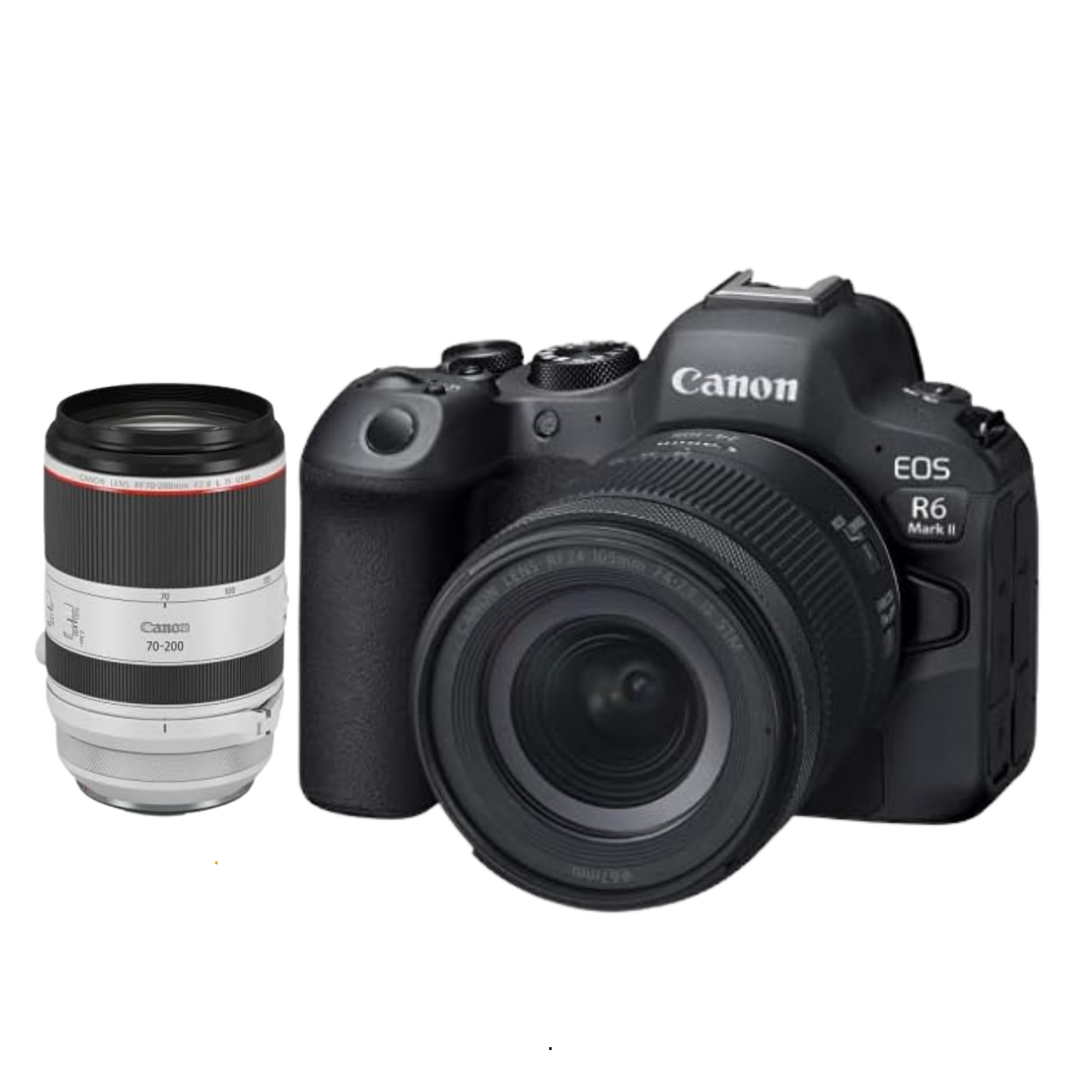 A Canon EOS R6 Mark II camera with a lens attached and a separate lens cap beside it.