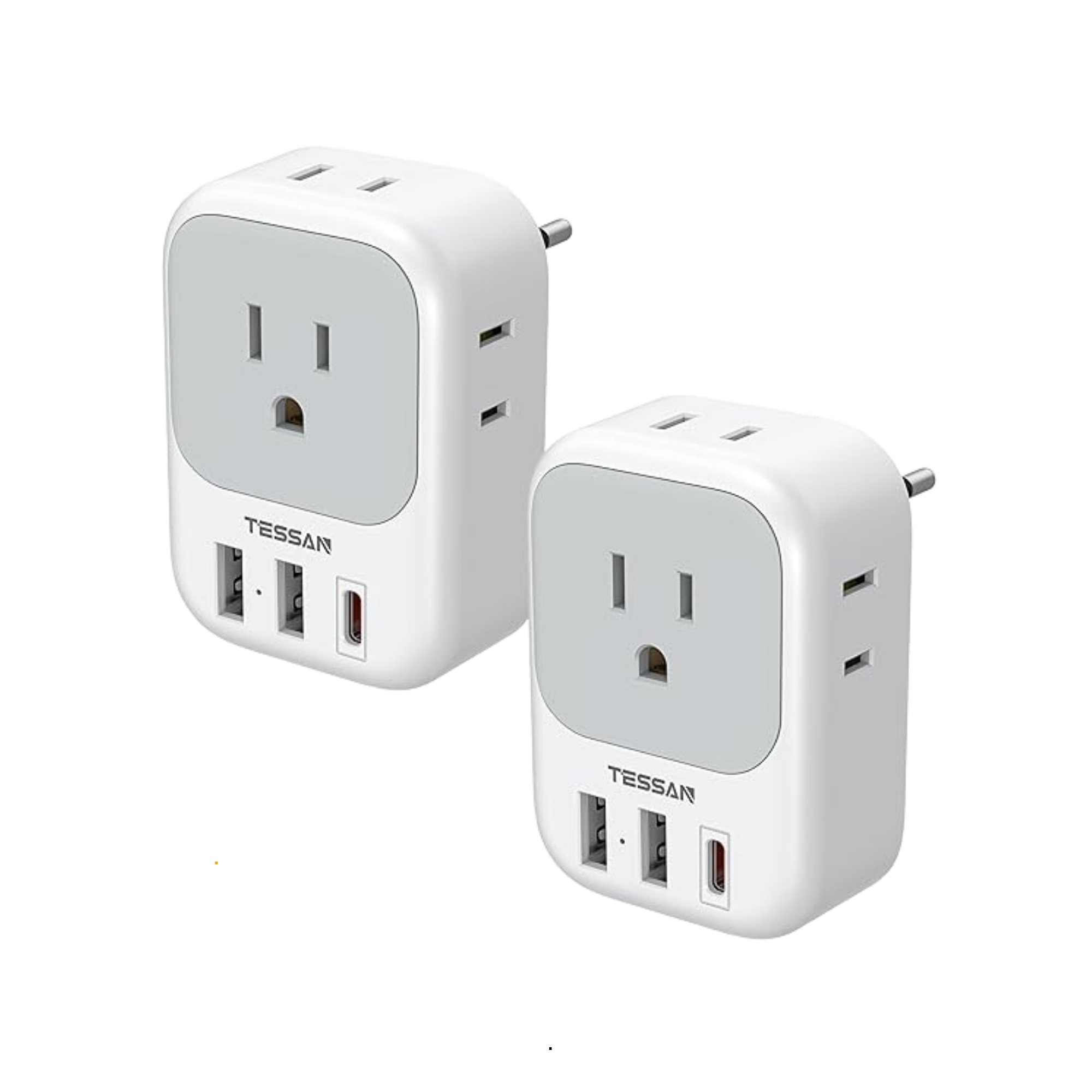 Close-up of a white power strip with multiple outlets and USB ports, branded Tessan.