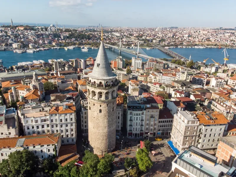 Aerial view of Istanbul showing the Galata Tower with the Golden Horn waterway and cityscape in the background.