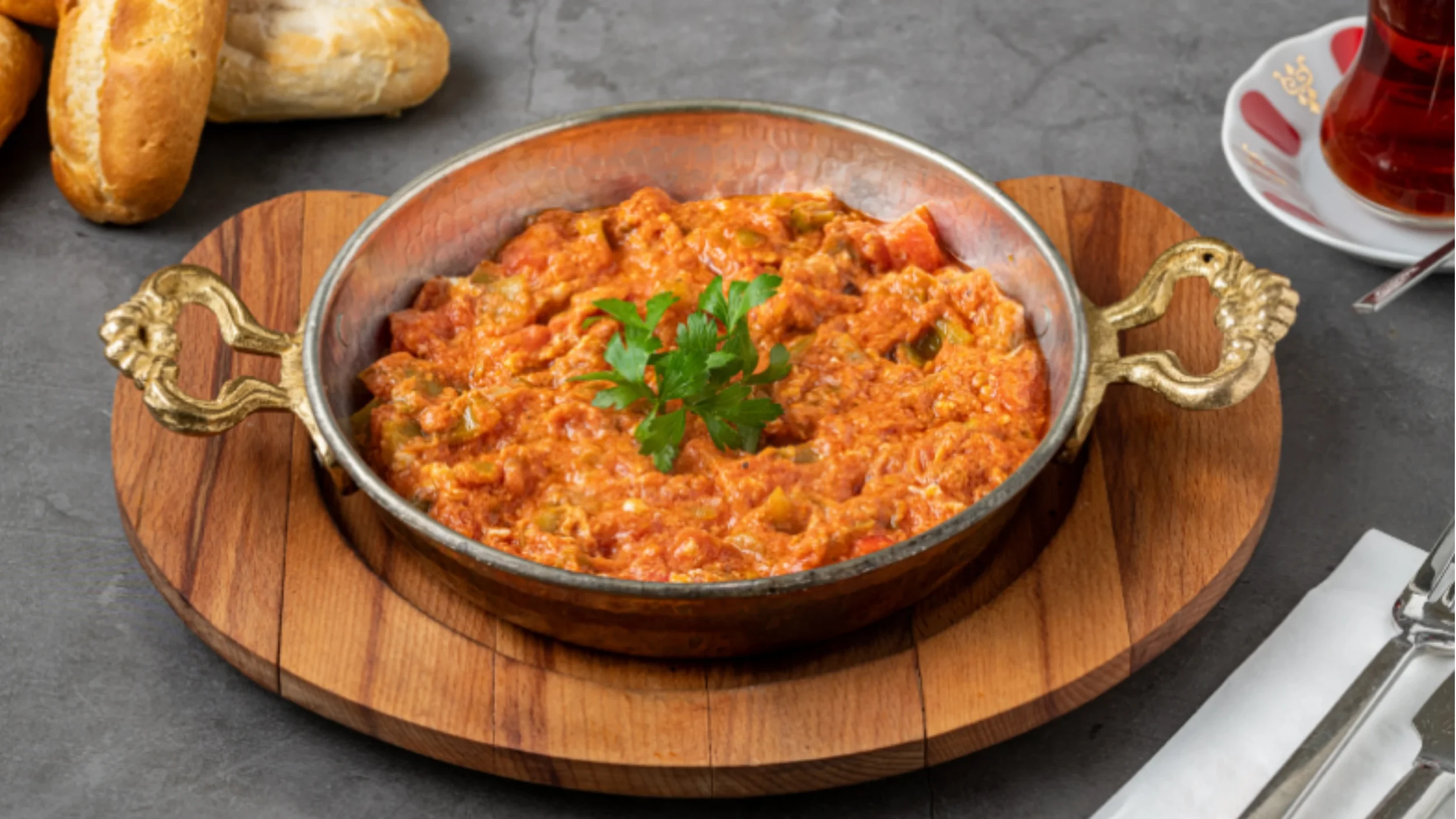 Turkish menemen breakfast made with eggs, tomatoes, and peppers — a popular traditional Turkish dish