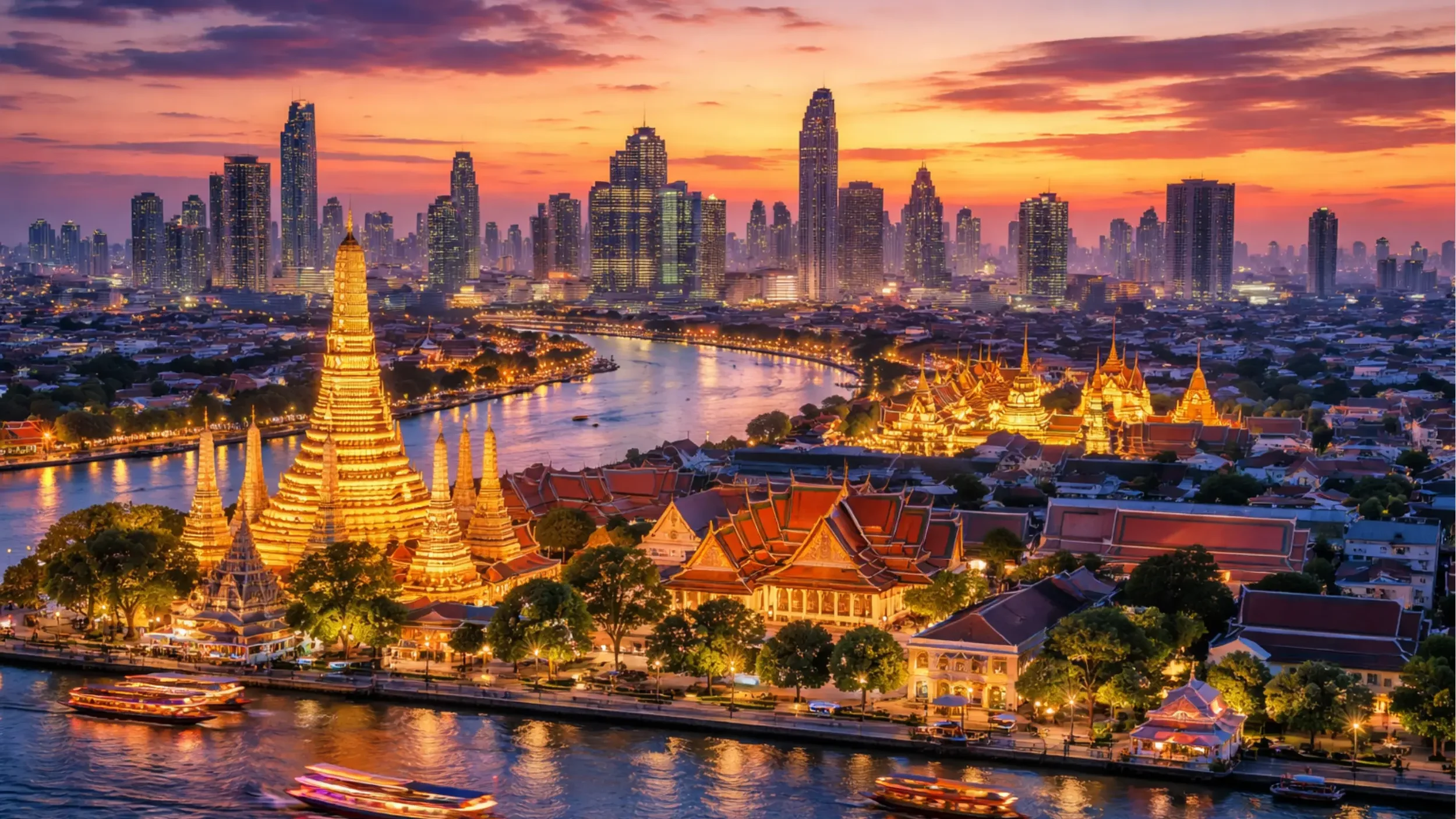 Bangkok Thailand cityscape showing historic temples and modern skyline at dusk