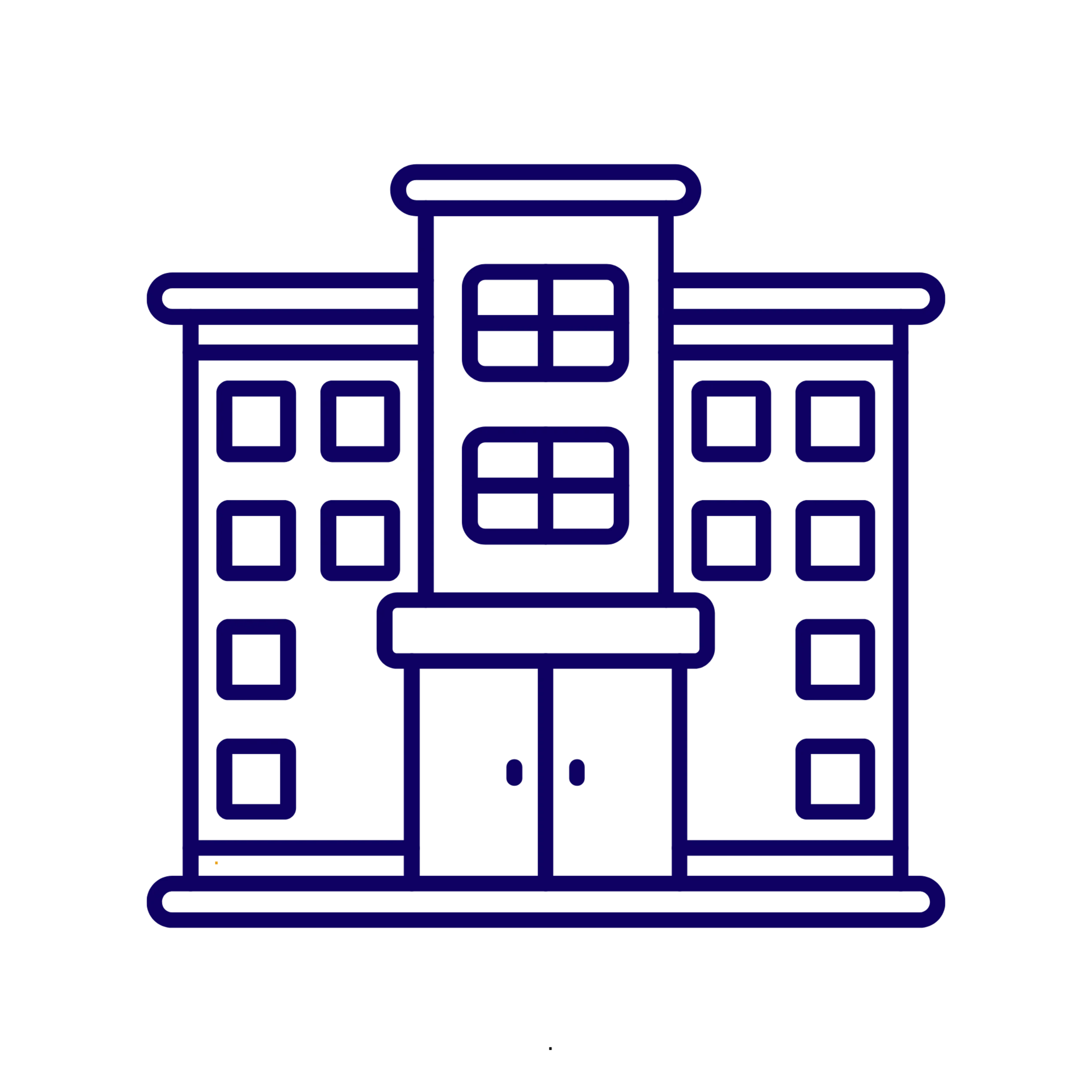 A line drawing of a building with multiple floors and windows, depicted in blue outlines on a black background.