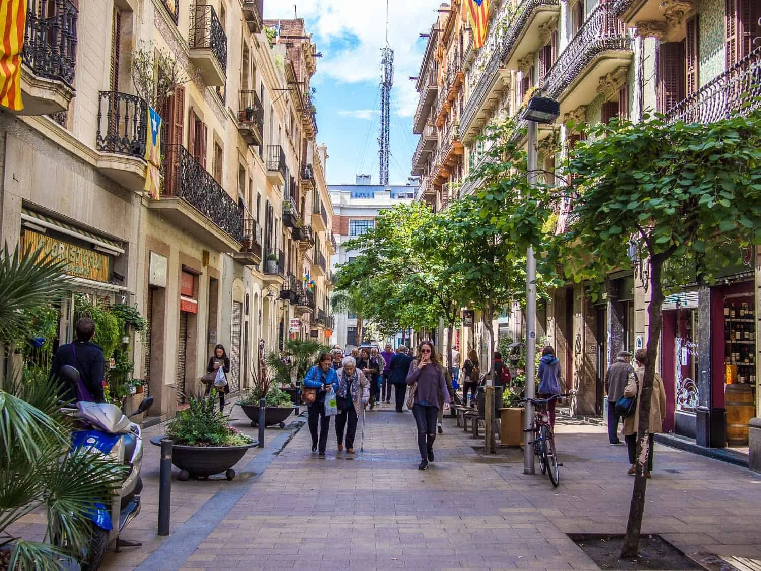 Pedestrian street in a city with buildings and trees, showing people walking and shopping on a sunny day.