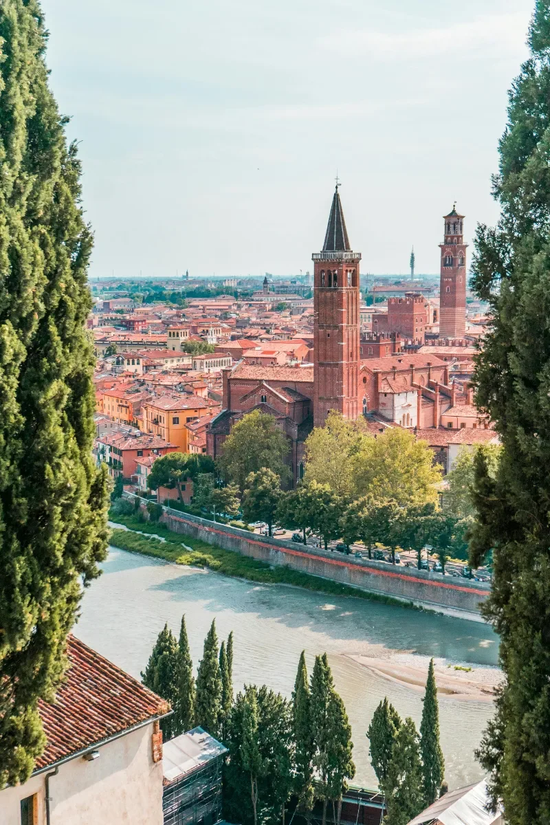 View of a cityscape with historic red-brick buildings, two prominent towers, and a river in the foreground, framed by tall green trees.