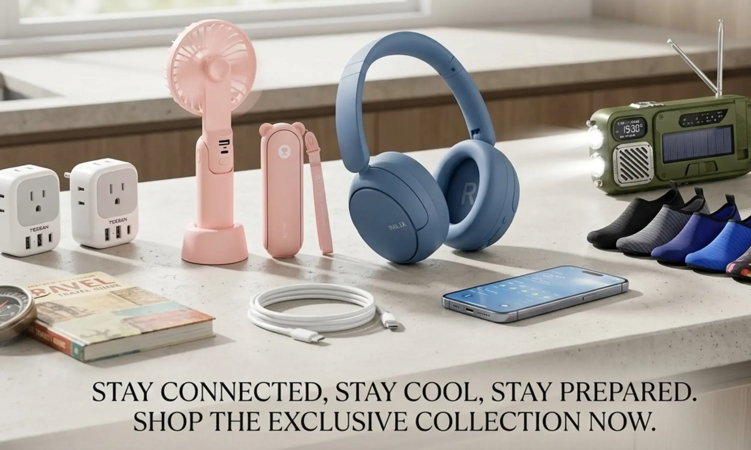 travel products headphones, power bank, adaptor, waterproof socks, travel essentials