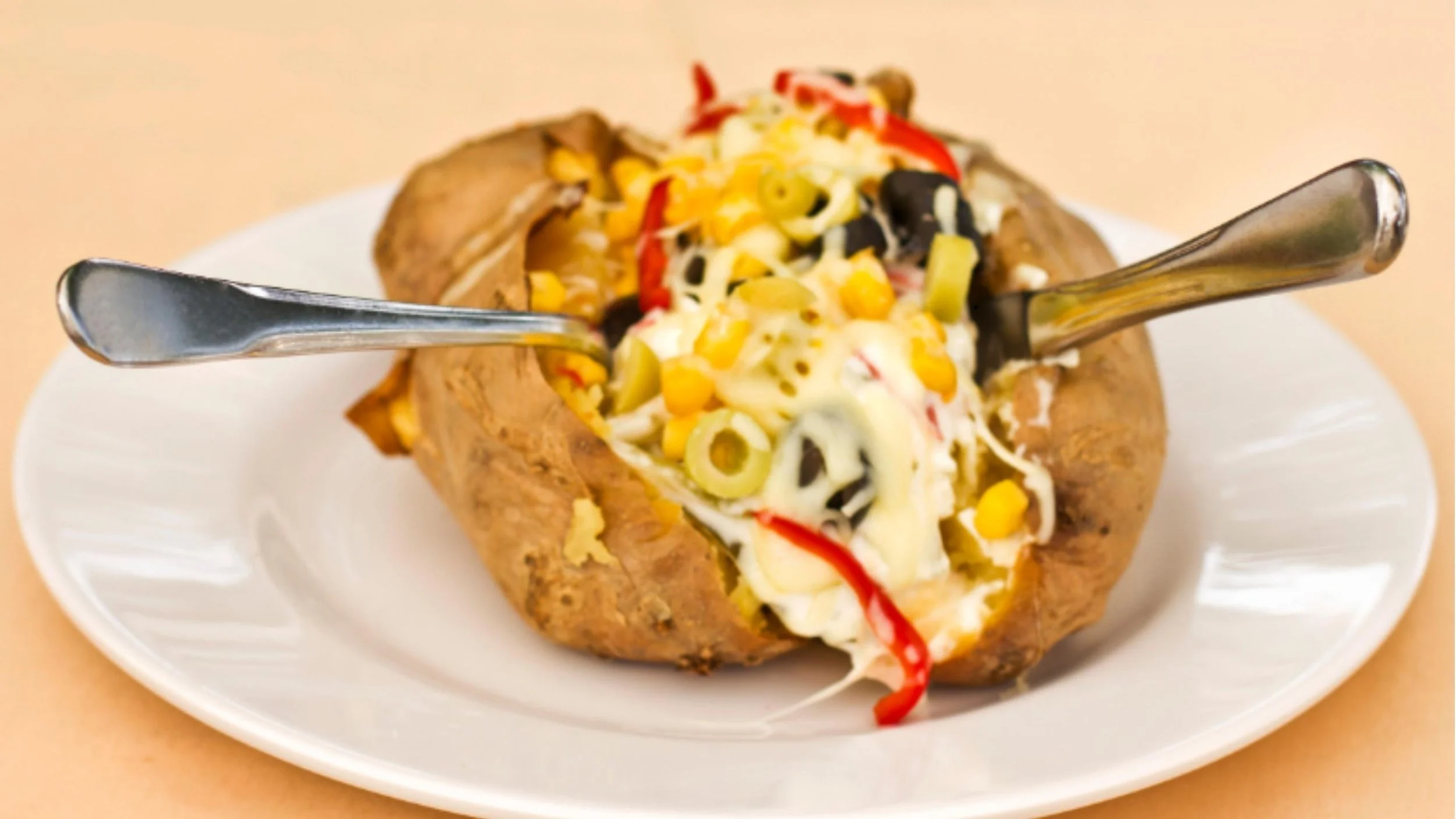 Turkish kumpir baked potato loaded with toppings — a famous food in Ortaköy, Istanbul.