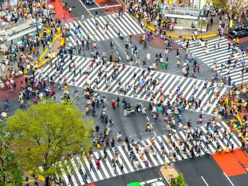 A busy city crosswalk filled with pedestrians crossing in multiple directions, with some sitting or standing on the sidewalk. There are trees and buildings in the background.