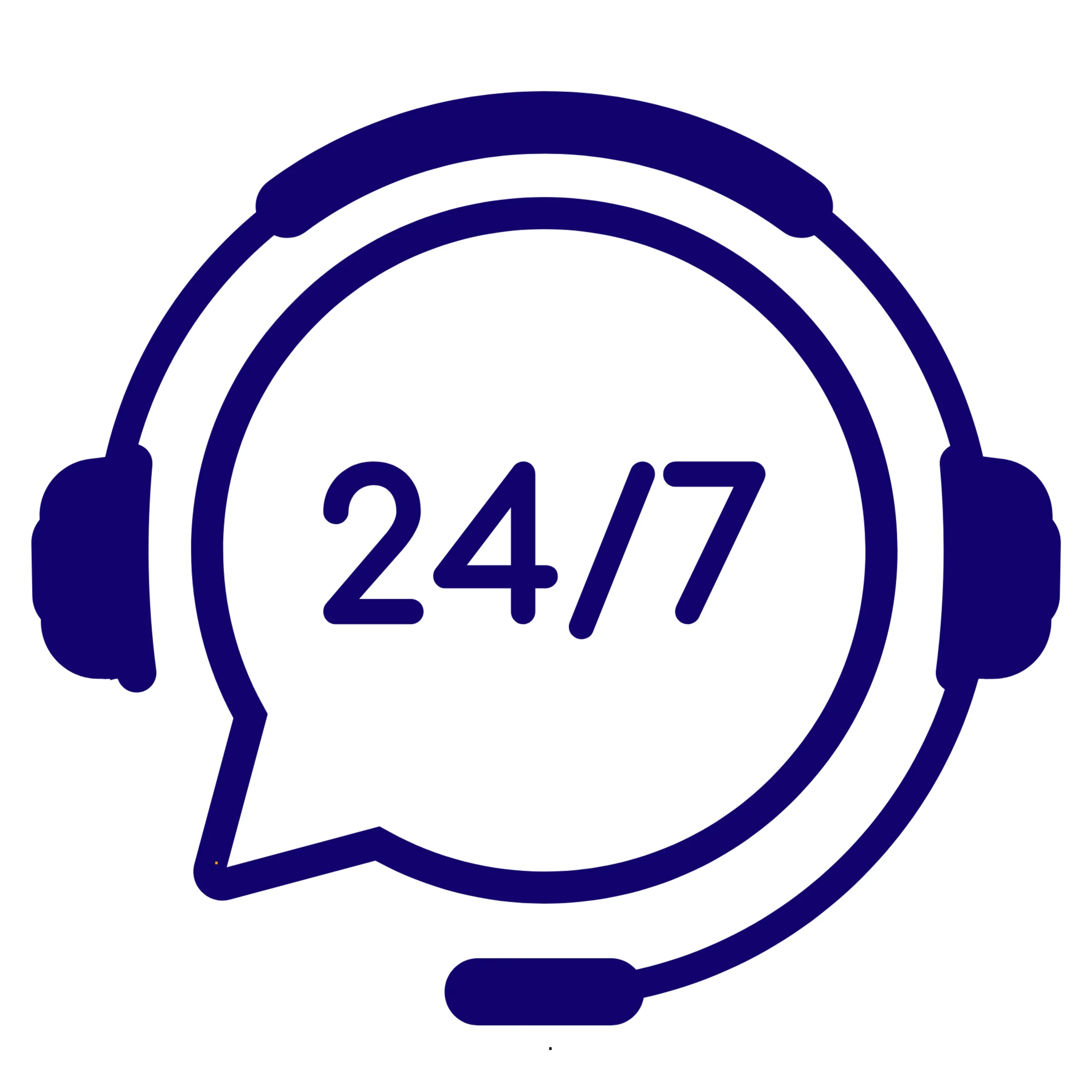 Graphic of a headphone with a circular logo containing the text '0247' inside a speech bubble, all in navy blue on a white background.