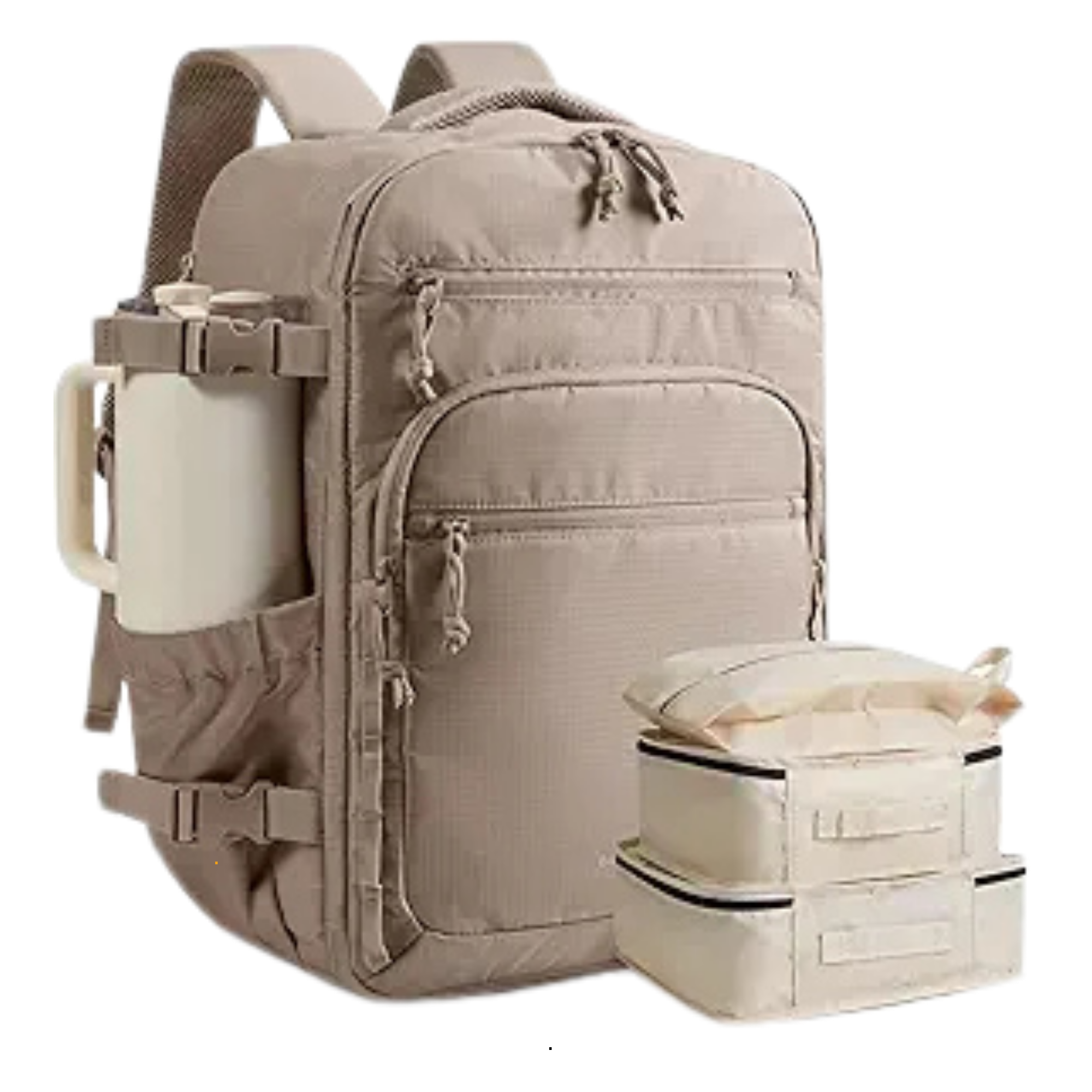 A beige or tan duffle bag sitting on a white surface with a striped chair in the background