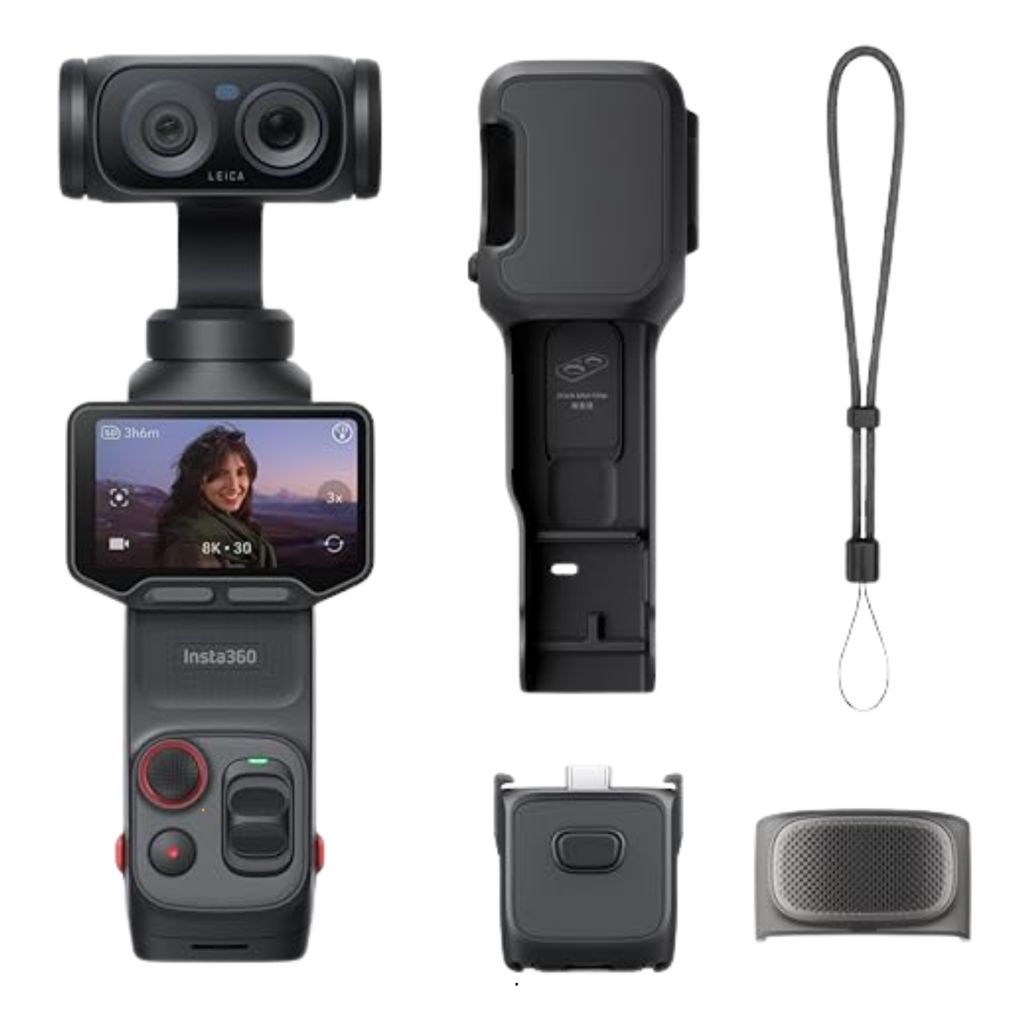 Various camera and microphone equipment including a dual-lens camera, a compact camera, a remote control, and a wired microphone.