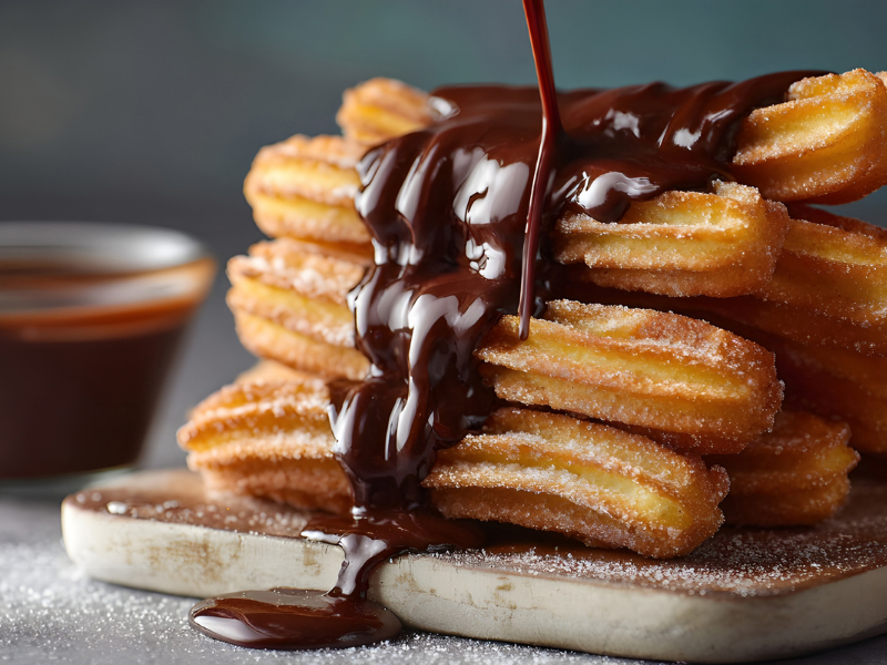Stack of churros topped with chocolate sauce being poured over