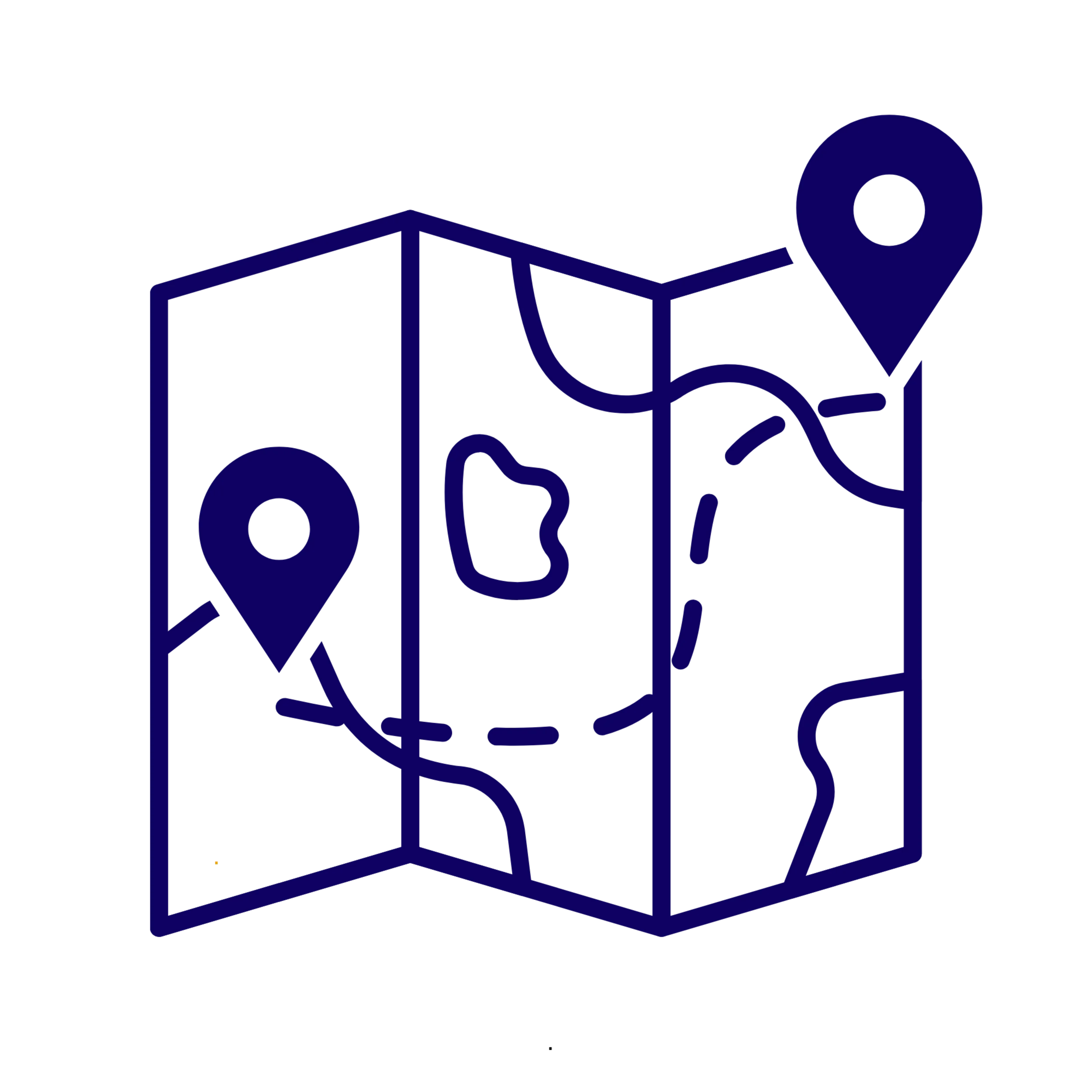 Outline of a house with a check mark above it, and a map marker pin at the house location, all in blue lines.