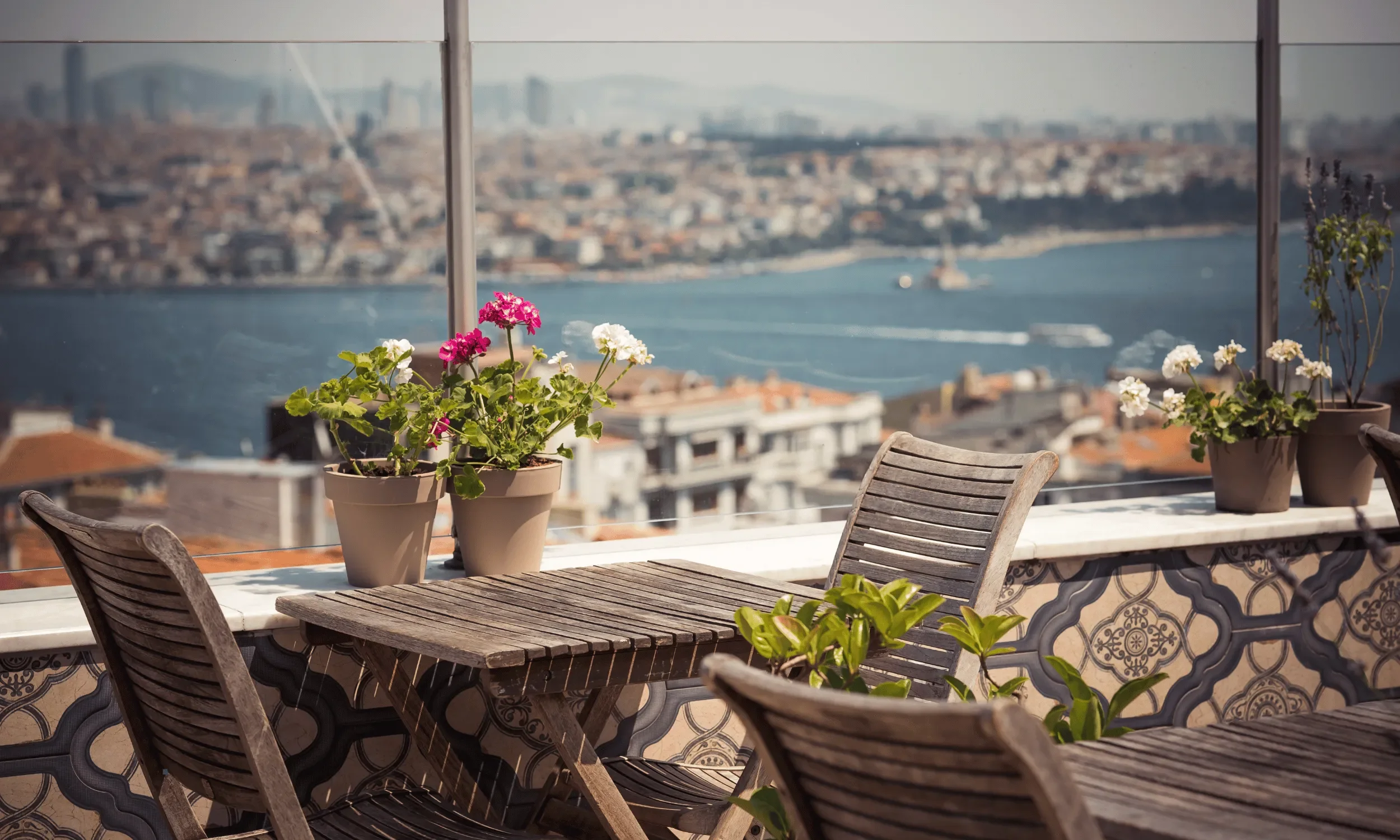 a rooftop of a restaurant with the view on the bosphorus istanbul