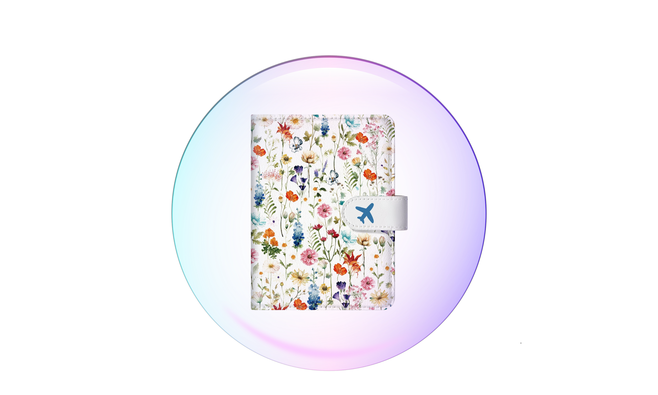 A floral patterned phone wallet with a white strap featuring a blue airplane icon, set against a colorful, reflective, futuristic background.