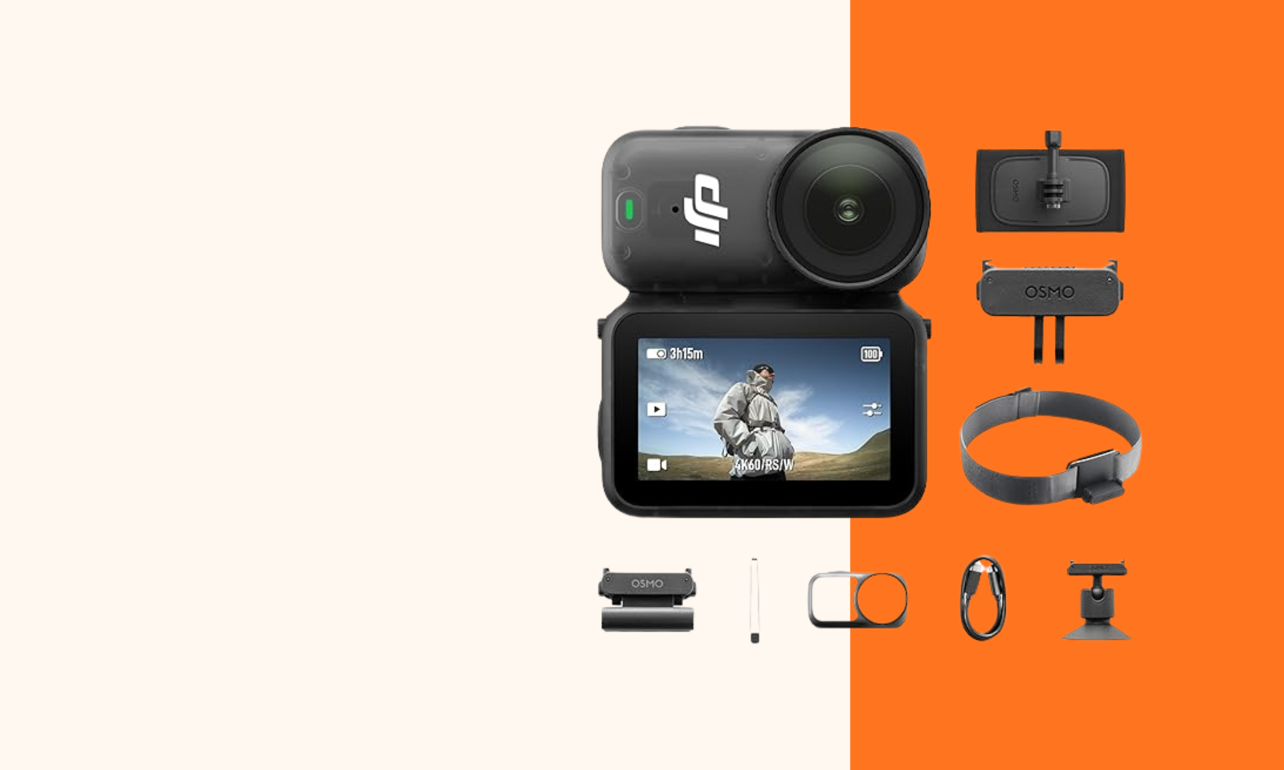 A DJI Action 2 camera set with accessories, including a screen, mounts, a headband, and other attachments, arranged against a split background of cream and orange.
