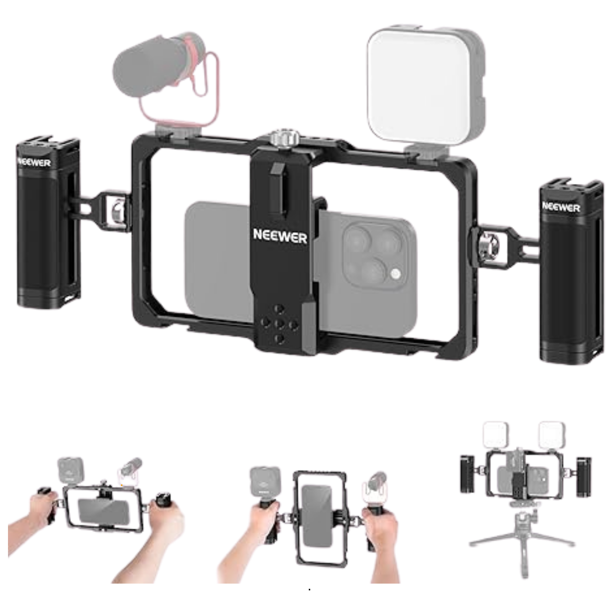 Two hands holding a controller, operating a drone with a remote control, surrounded by drone parts and accessories, including batteries and a camera gimbal, with the drone frame elevated above the components.