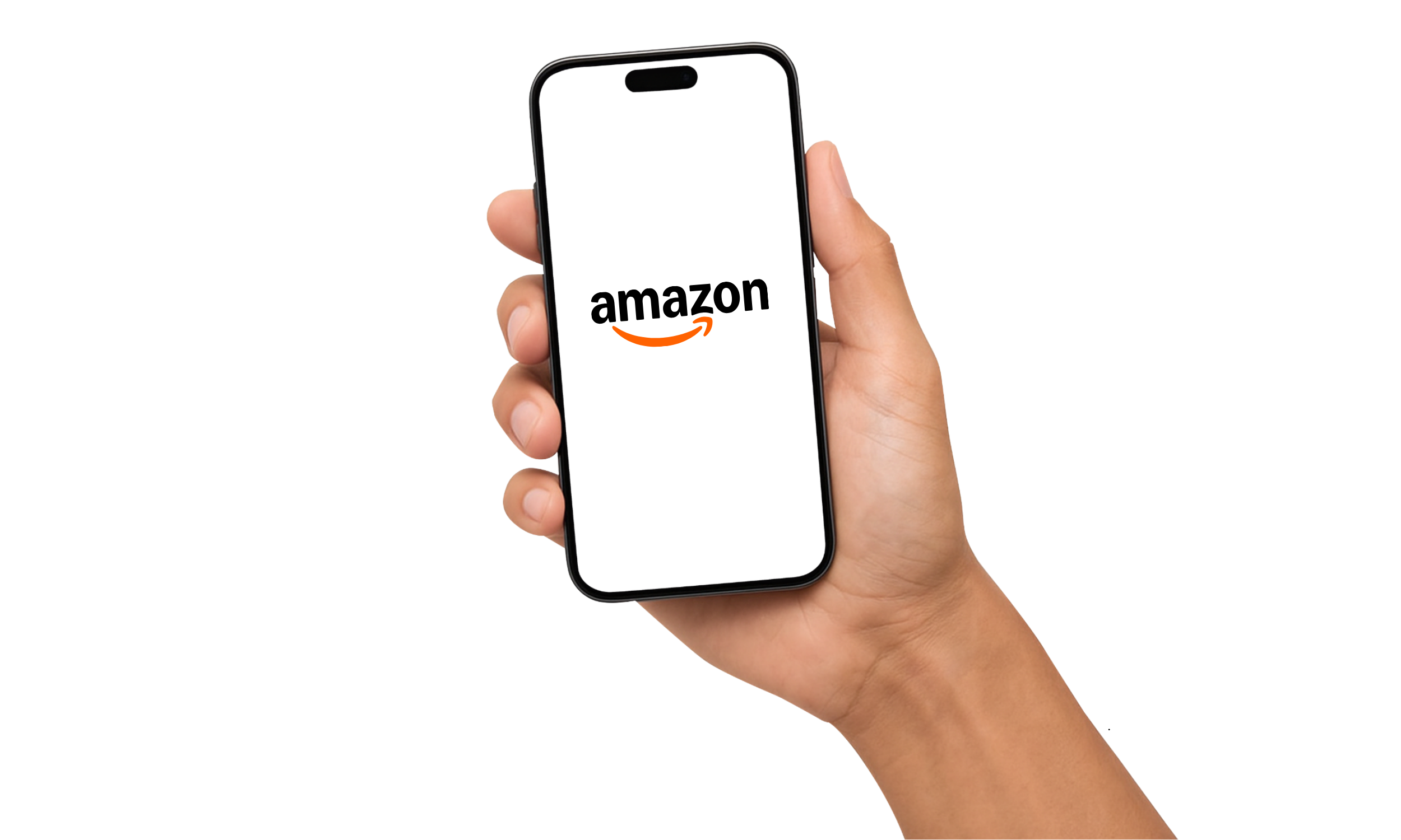 Hand holding a smartphone displaying the Amazon logo on the screen.