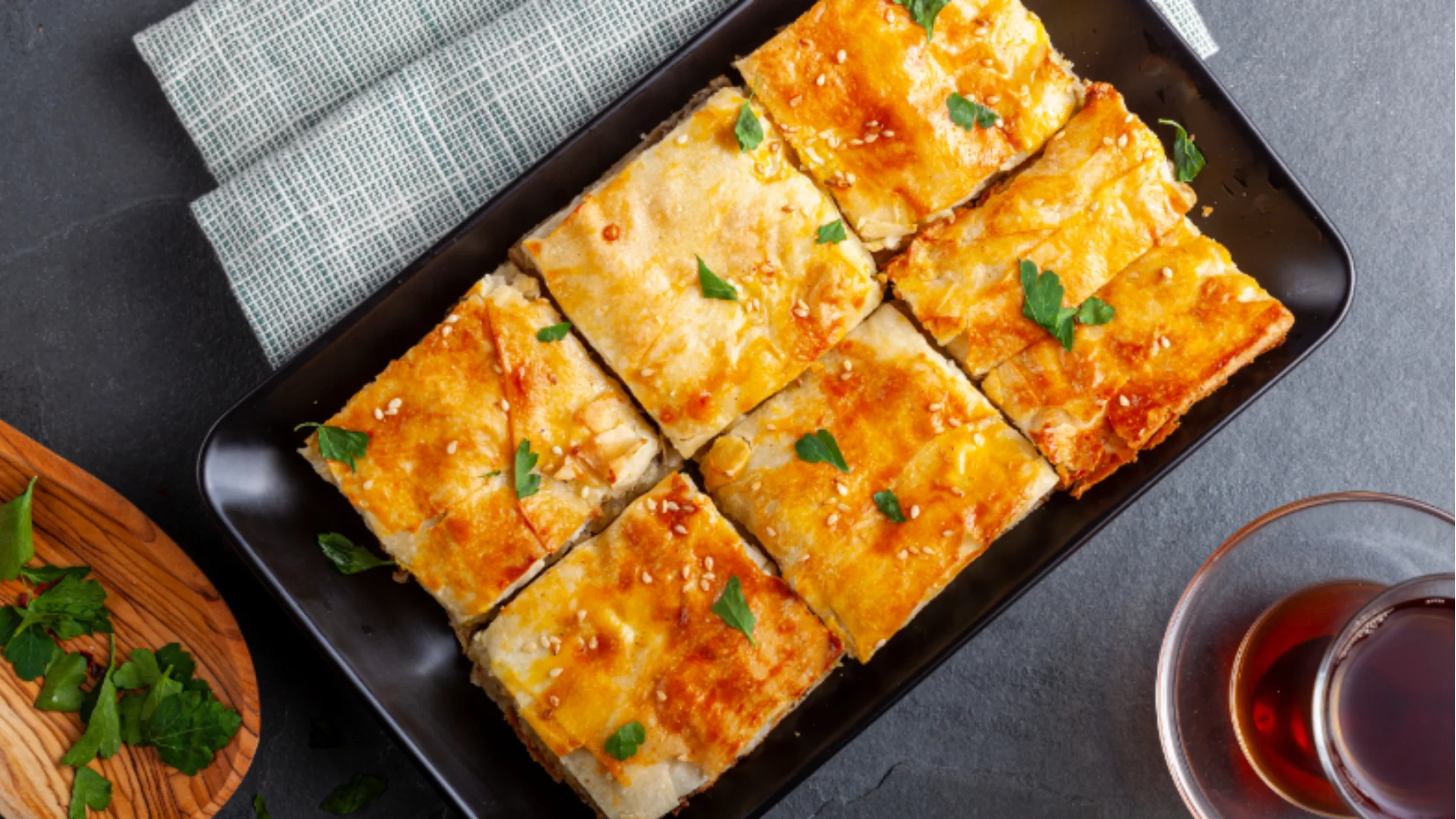 Crispy Turkish börek pastry filled with cheese and spinach — a traditional savory snack in Turkey.