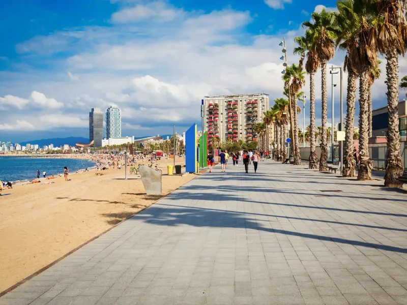 Beachside promenade with palm trees, people strolling, sandy beach, and city skyline in the background under a partly cloudy sky.