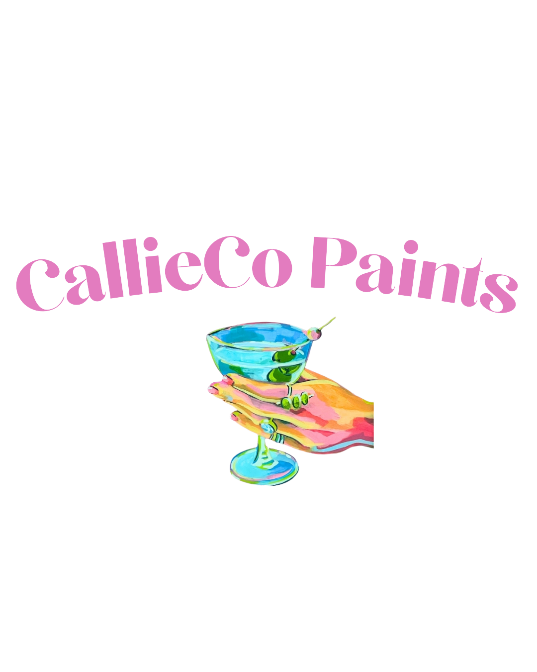 Colorful artwork featuring a hand holding a blue cocktail glass with green olives and a cherry, with the text 'CalleCo Paints' in pink, stylized font.