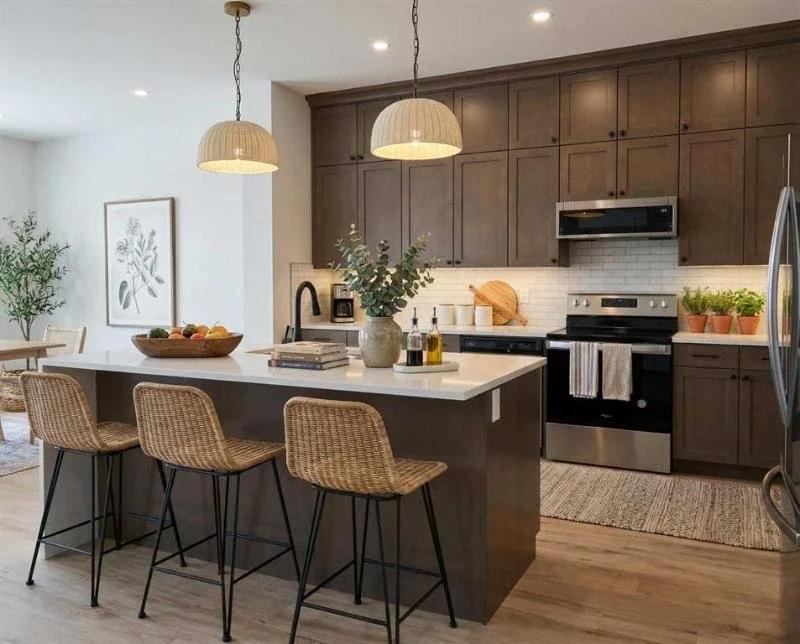 custom built kitchen with wicker bar stools up to the large kitchen island with quartz countertops and pendant lights in Sylvan Lake Alberta