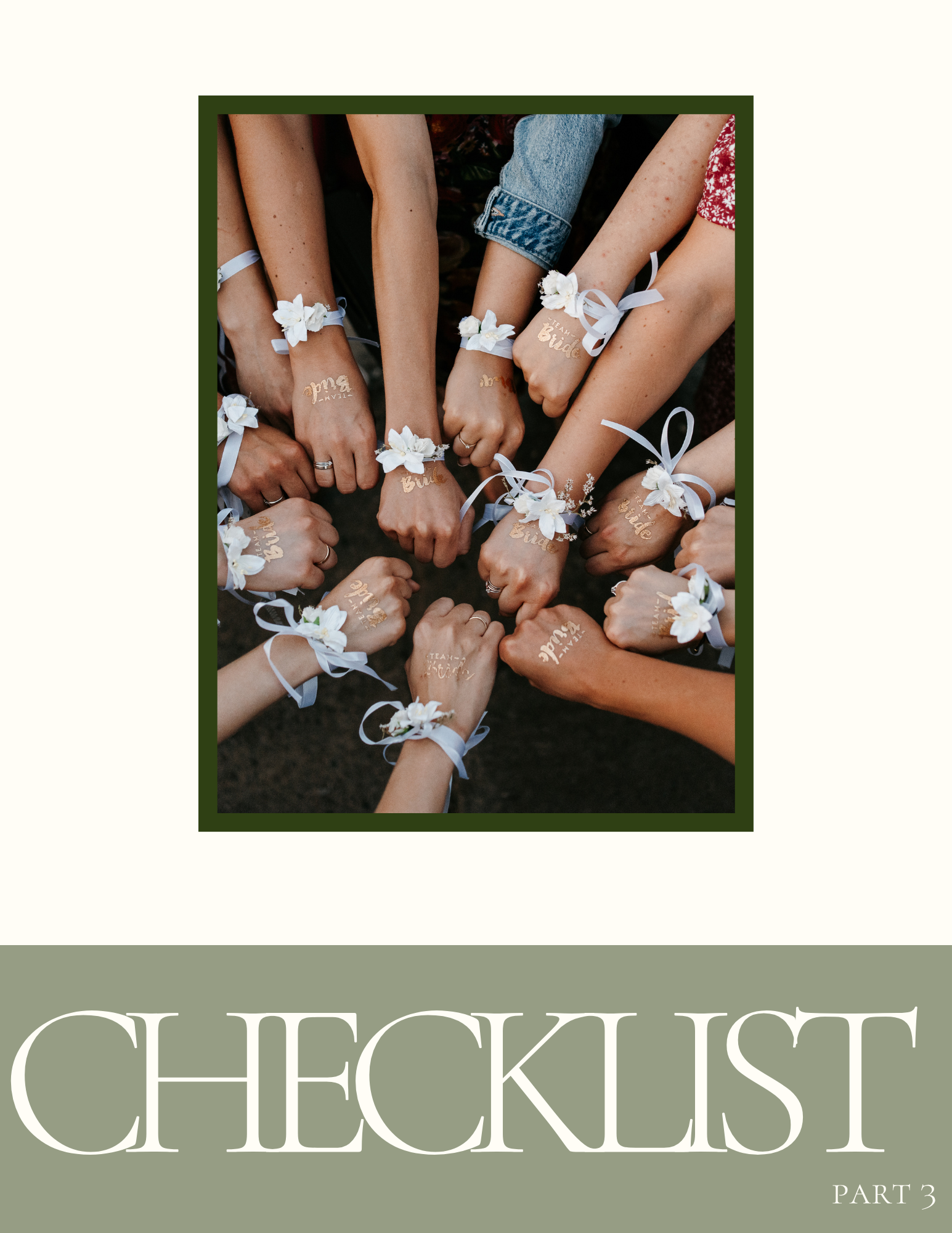 A group of women showing their hands with wedding or wedding-related temporary tattoos and floral wrist corsages, forming a circle with fists together, surrounded by a green border.