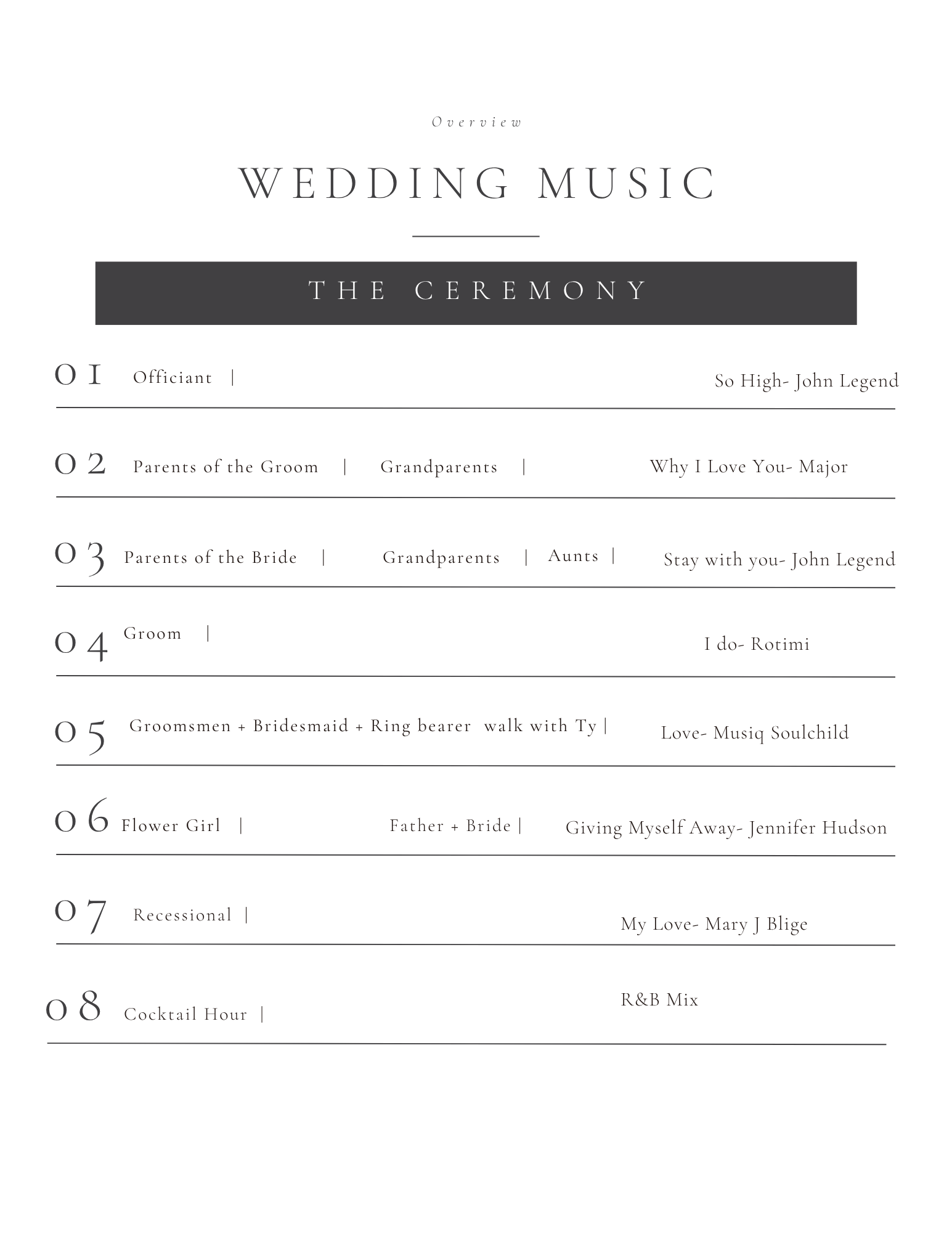 Overlay of a wedding music playlist with song titles and artists, including sections for the officiant, parents, grandparents, bride, groom, wedding party, and reception.