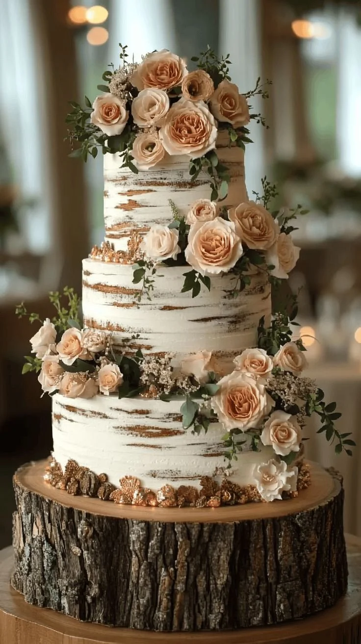 Four-tier wedding cake decorated with blush and cream roses, green leaves, and gold accents, placed on a wooden tree stump