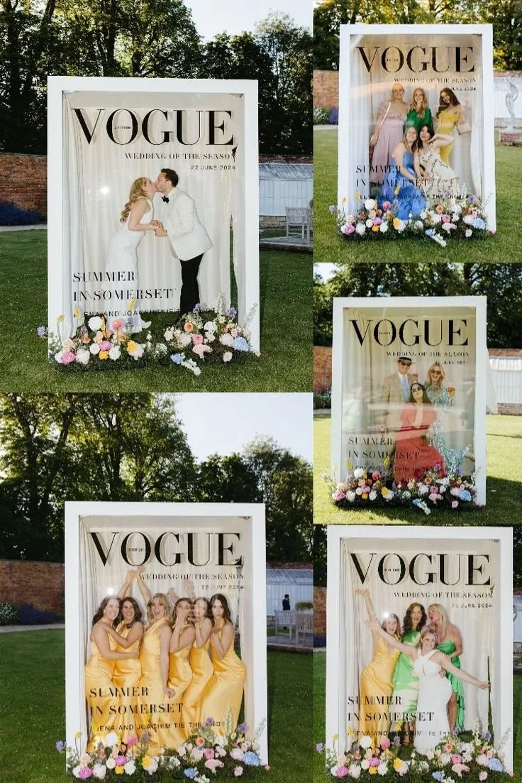 Collage of five Vogue magazine cover cutouts placed outdoors on grass, decorated with flowers at the base. The covers feature different groups of women or couples in formal and colorful attire, celebrating a summer wedding event titled "Wedding of the Season" in Somerset, dated June 22, 2024.