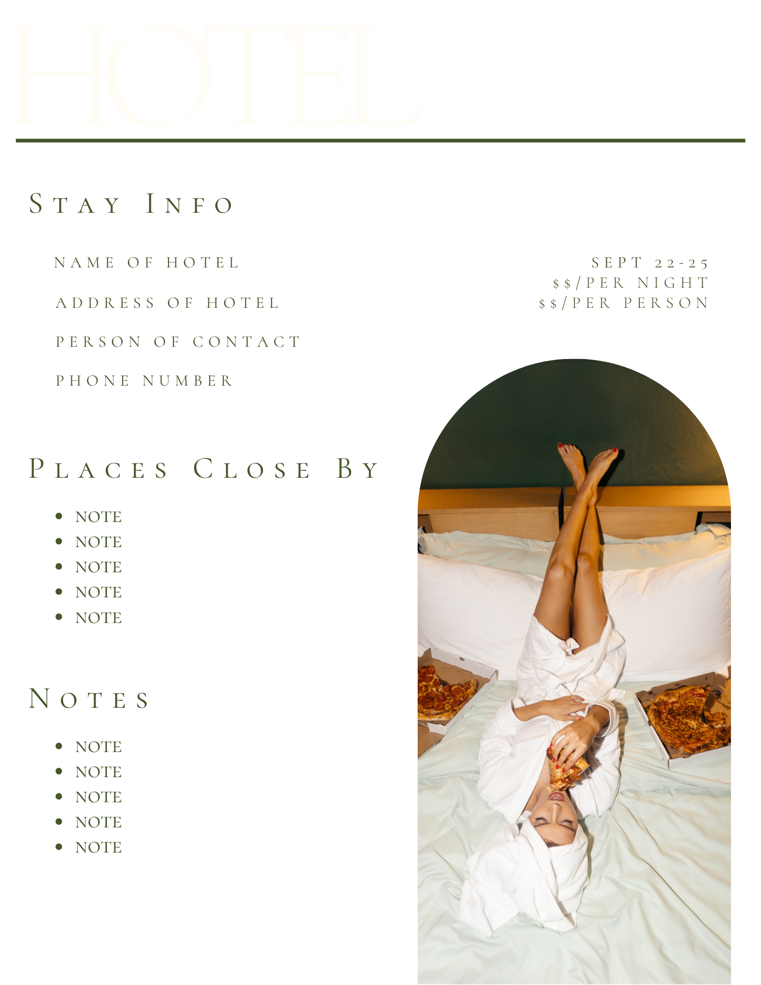 A hotel flyer with a woman lying on a bed, wearing a white bathrobe, holding a slice of pizza, with two more pizza boxes on the bed. The flyer has placeholder text for hotel information and notes.