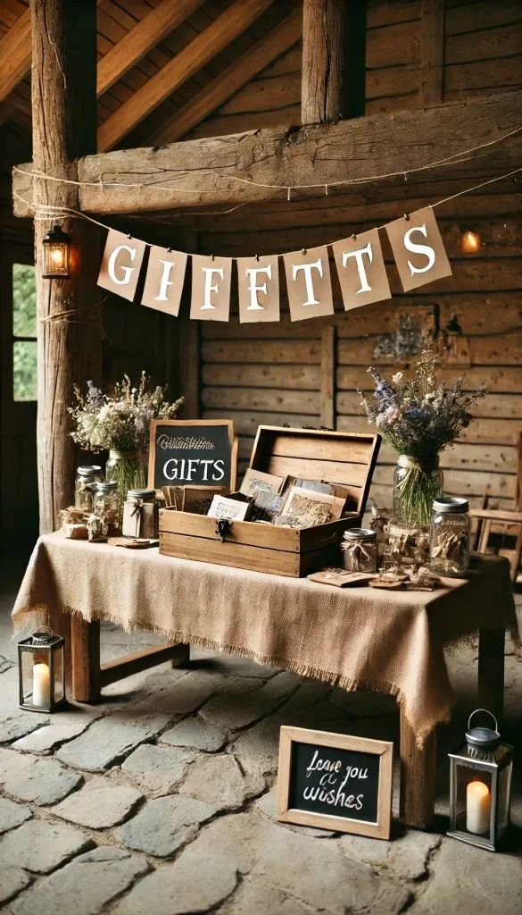 Table with gifts in a rustic setting decorated with flowers, candles, and a sign reading "Gifts". A "Gifts" banner hangs above.