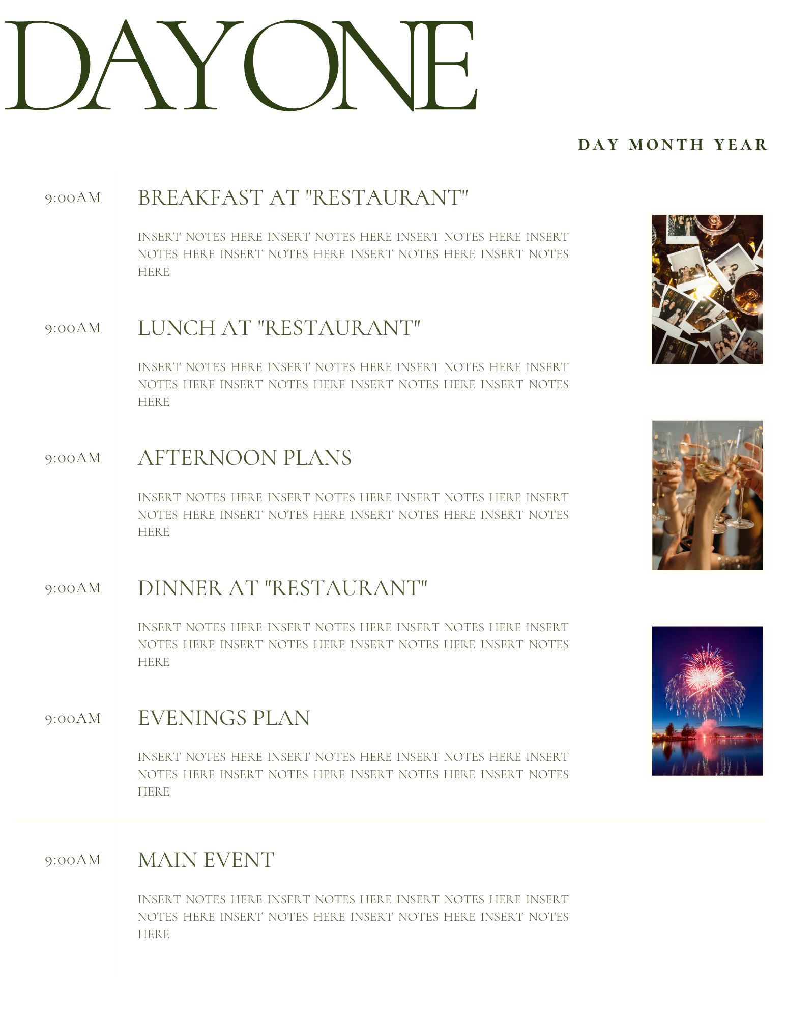 A party schedule with times and activities including breakfast, lunch, afternoon plans, dinner, evening plans, and a main event, accompanied by photos of a bottle of wine and glasses, a fireworks display, and a collection of polaroid photos.
