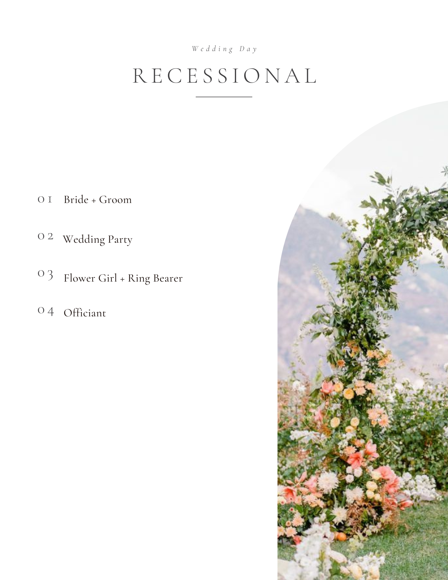 Wedding program with a white background and black text, featuring a floral arch with pink, orange, and white flowers and greenery, set against a outdoor landscape with mountains in the background.