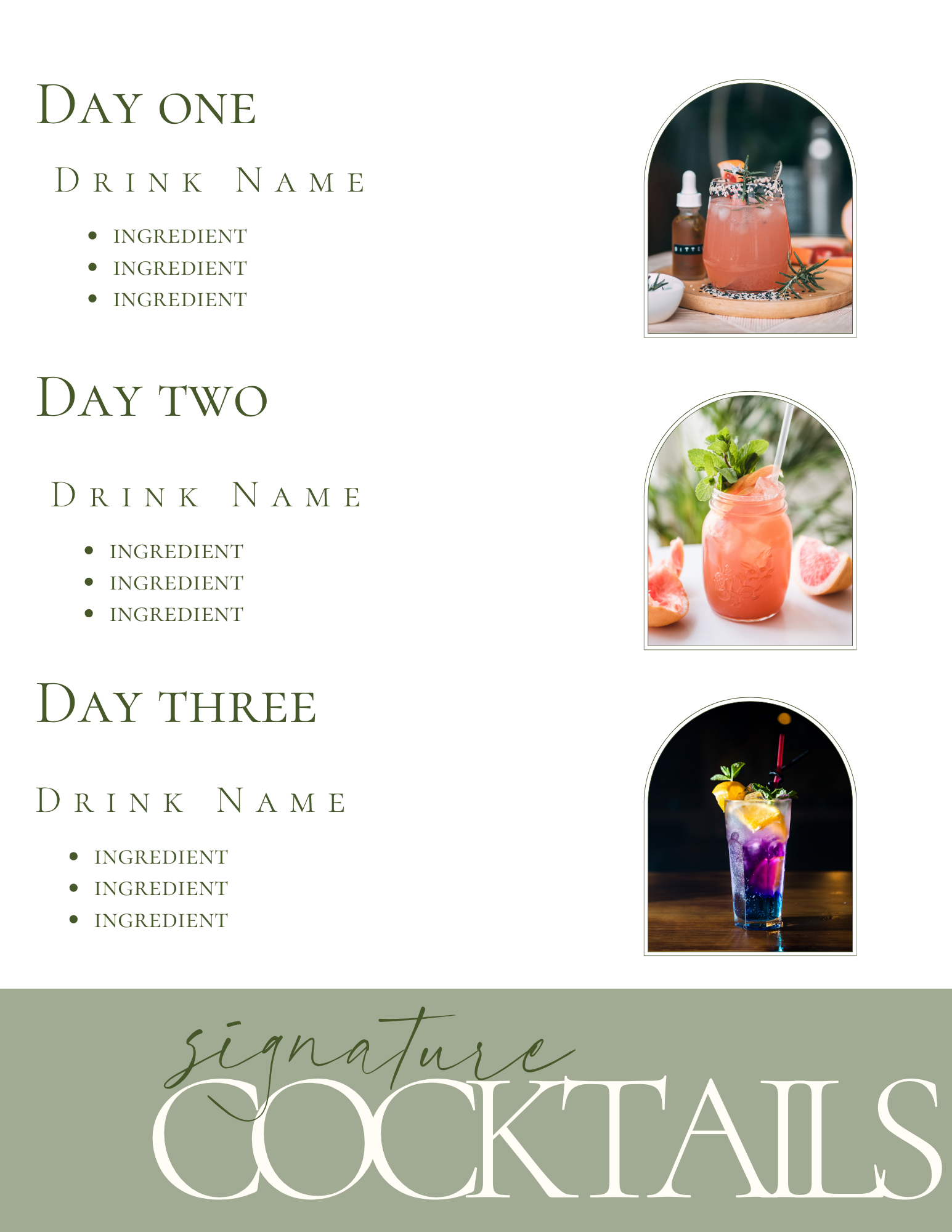 A cocktail recipe card with three drink options, each with a photo: a pink drink in a jar with herbs, a grapefruit pink drink in a glass with mint, and a colorful layered drink in a tall glass, with placeholders for ingredients and a decorative title