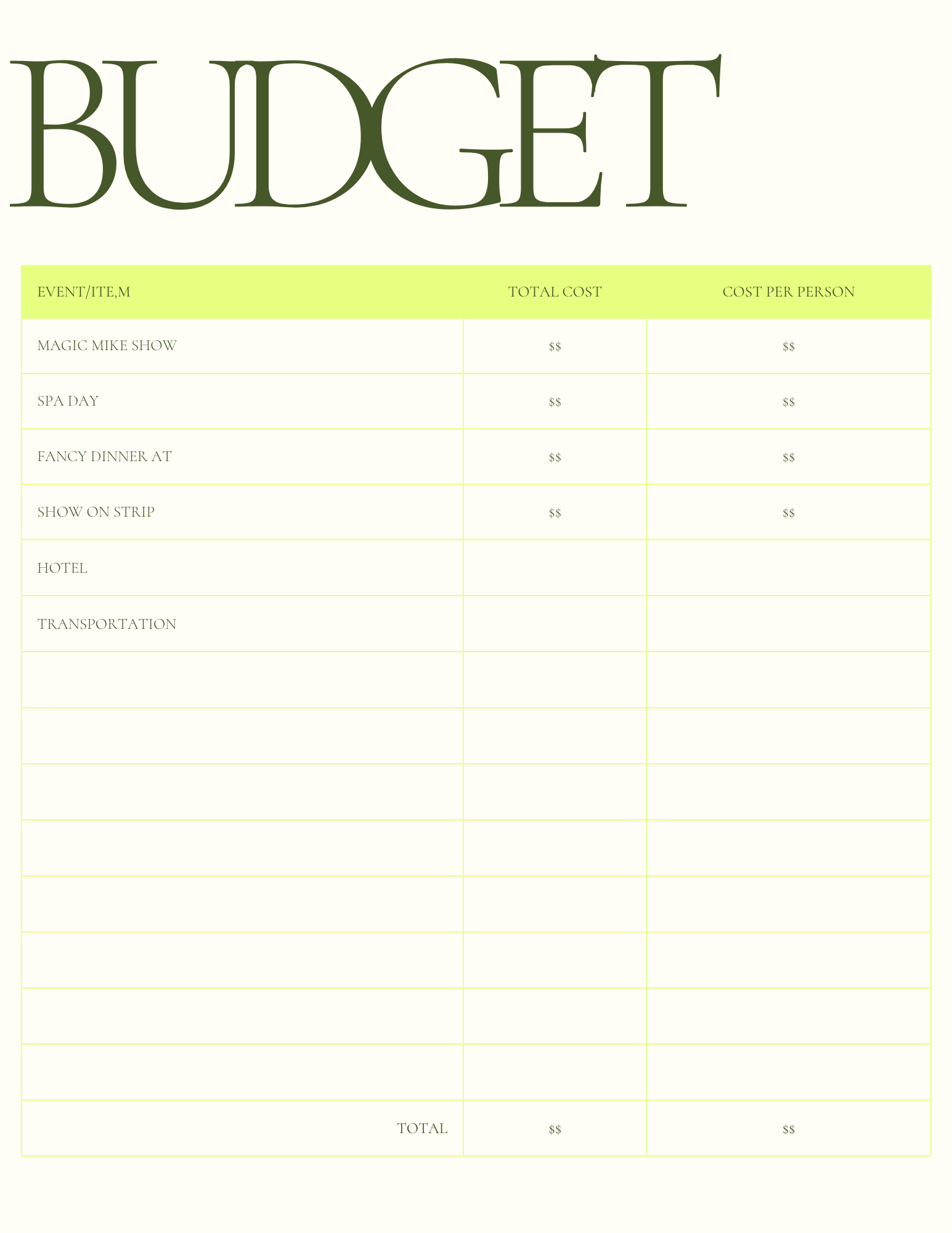 A detailed budget planning sheet with categories such as Magic Mike Show, Spa Day, Fancy Dinner, Show on Strip, Hotel, and Transportation, including columns for total cost and cost per person, with a large 'BUDGET' title at the top.
