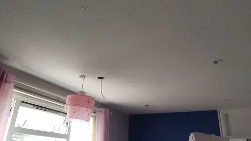 Interior of a room with a window, pink curtains, a pink lampshade, and a dark blue wall.