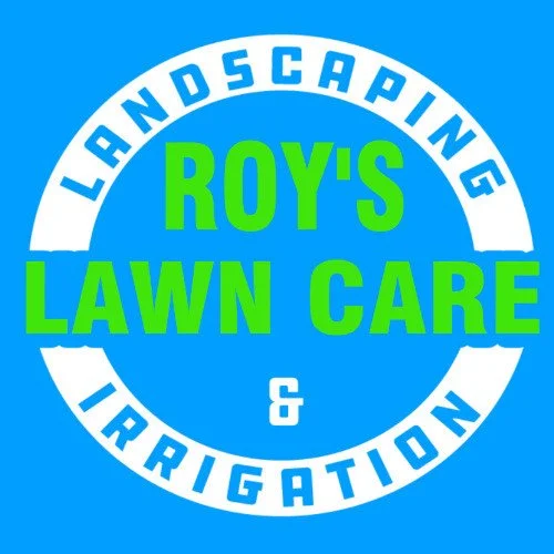 Logo for Roy's Lawn Care and Landscaping, featuring a blue background with white and green text indicating services include landscaping and irrigation.