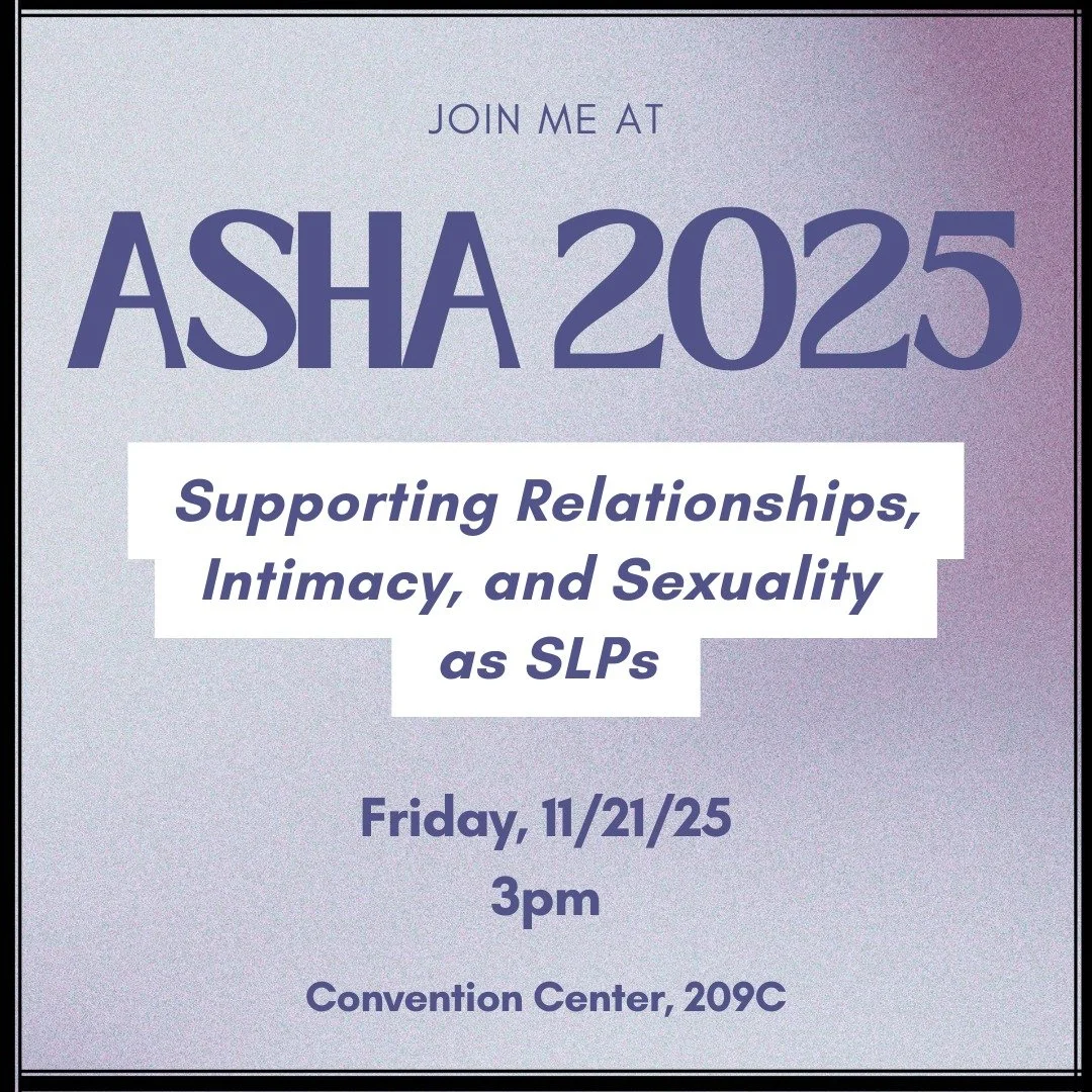 Going to ASHA? Check out my talk Friday at 3pm to learn all about the SLP role in relationships, dating, and beyond. You even get an ethics credit! 

#asha2025 #slp #relationships #intimacyeducation #americanspeechlanguagehearingassociation