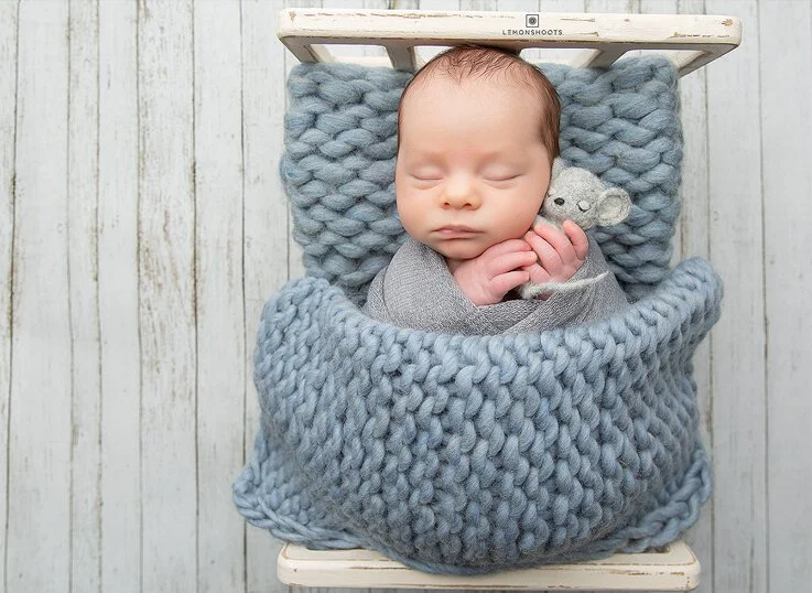 newborn baby with stuffed toy mouse
