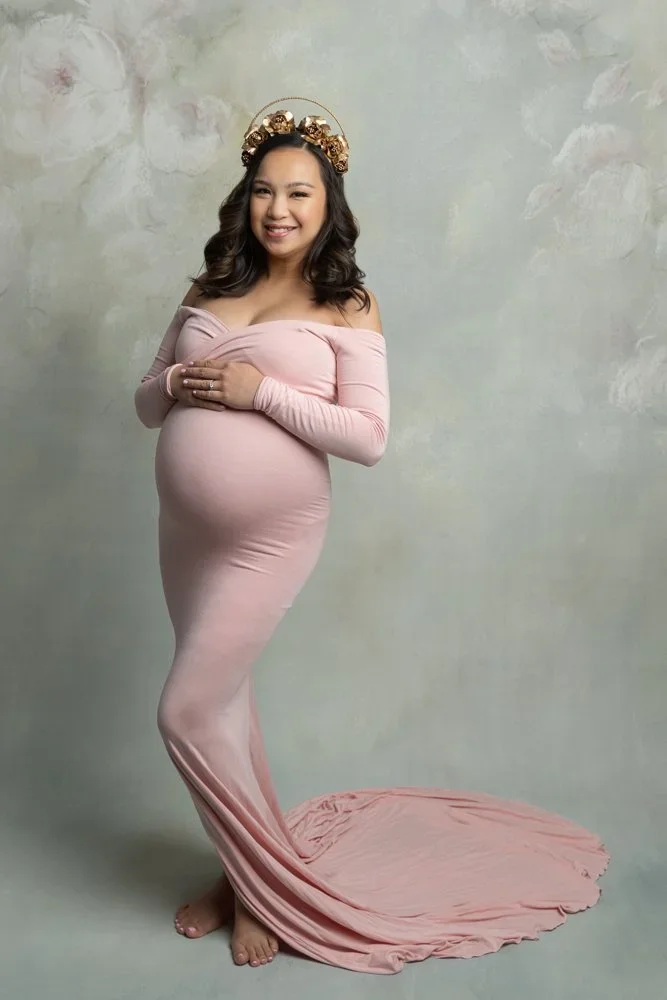 Goddess Mama 
 Color:  Baby Pink  Size:  Petite  Coverage:  Full Coverage 

This gown has long sleeves and a deep leg slip. Nude panties and strapless work best for this dress.